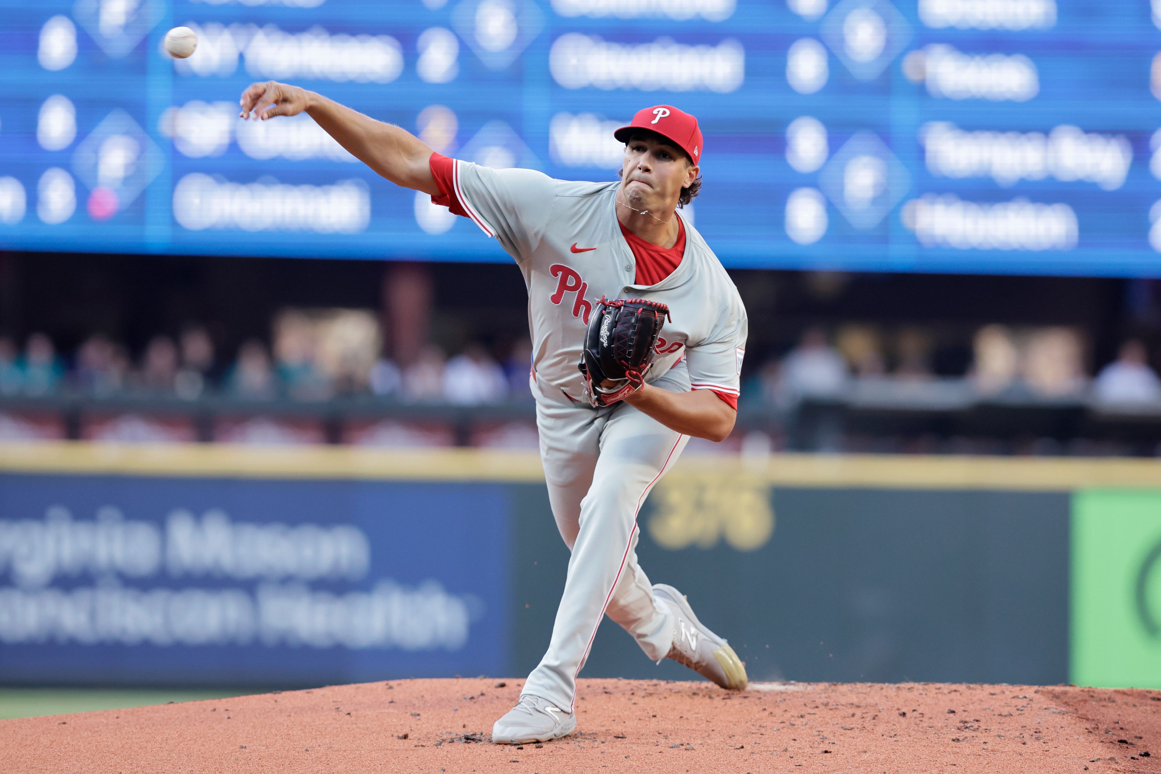 Philadelphia Phillies starting pitcher Tyler Phillips throws against the Seattle Mariners during the first inning in a baseball game, Friday, Aug. 2, 2024, in Seattle. (AP Photo/John Froschauer)