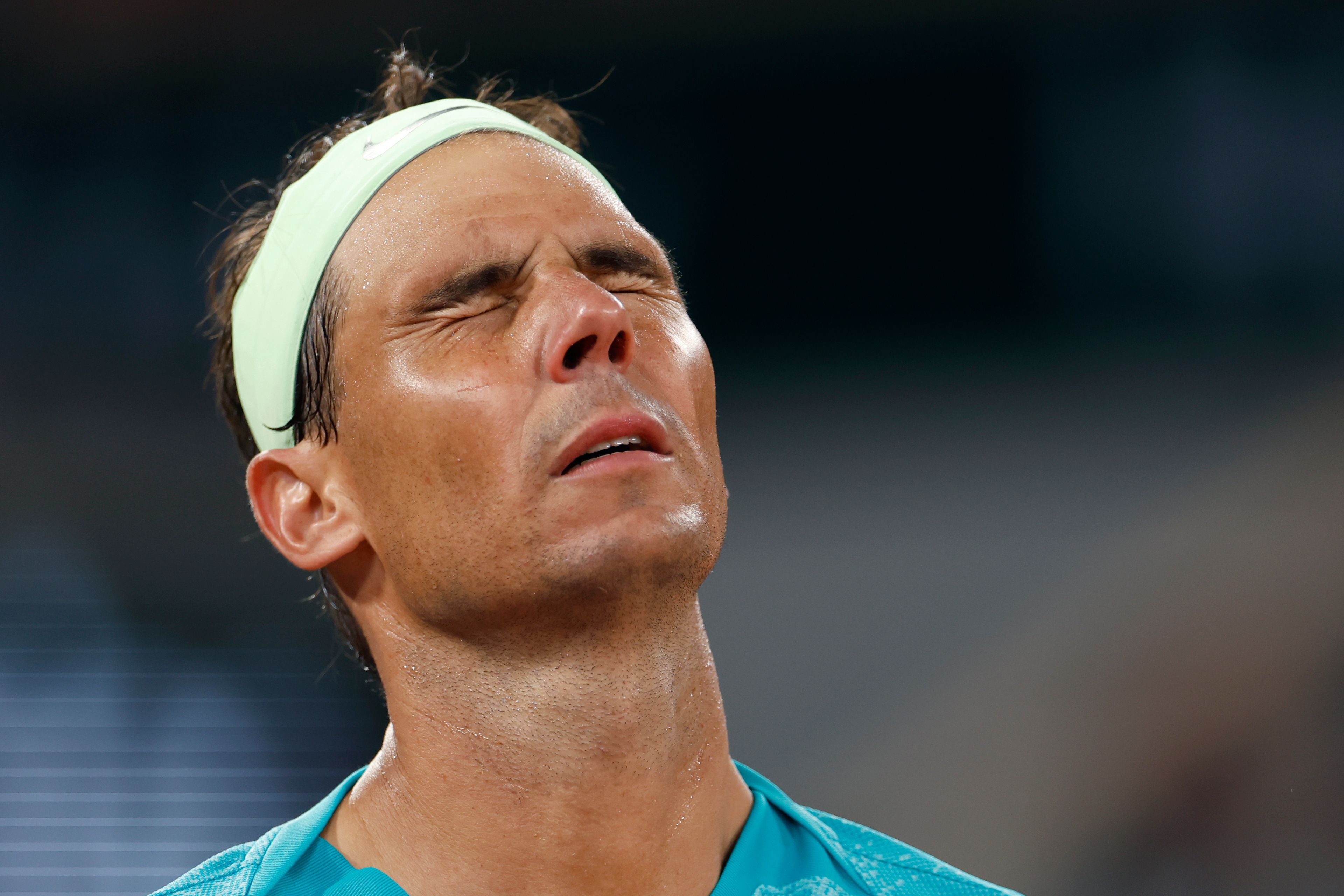 Spain's Rafael Nadal reacts as he plays against Germany's Alexander Zverev during their first round match of the French Open tennis tournament at the Roland Garros stadium in Paris, Monday, May 27, 2024.