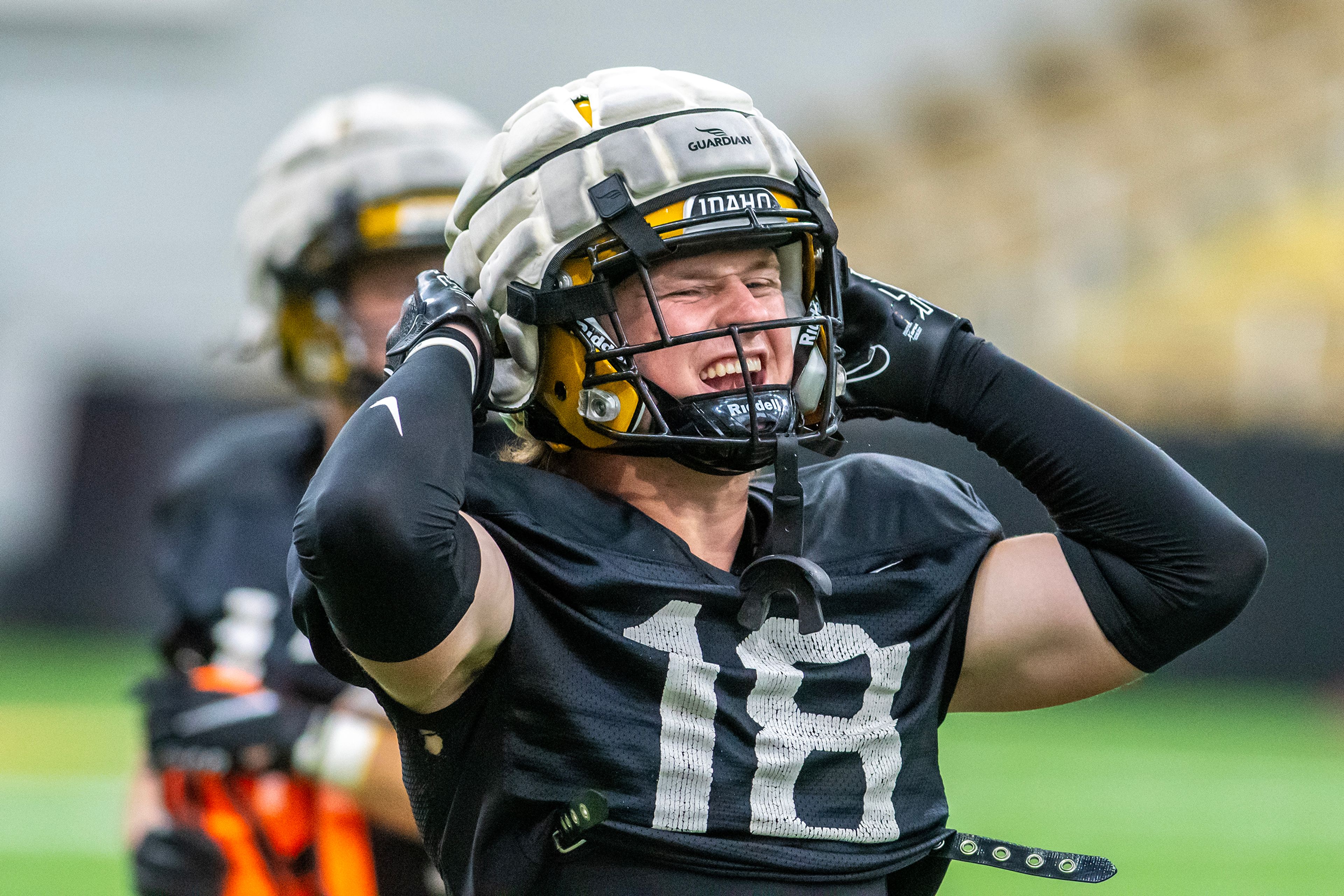 Idaho defensive back Tommy McCormick yells during a scrimmage at the Kibbie Dome in Moscow