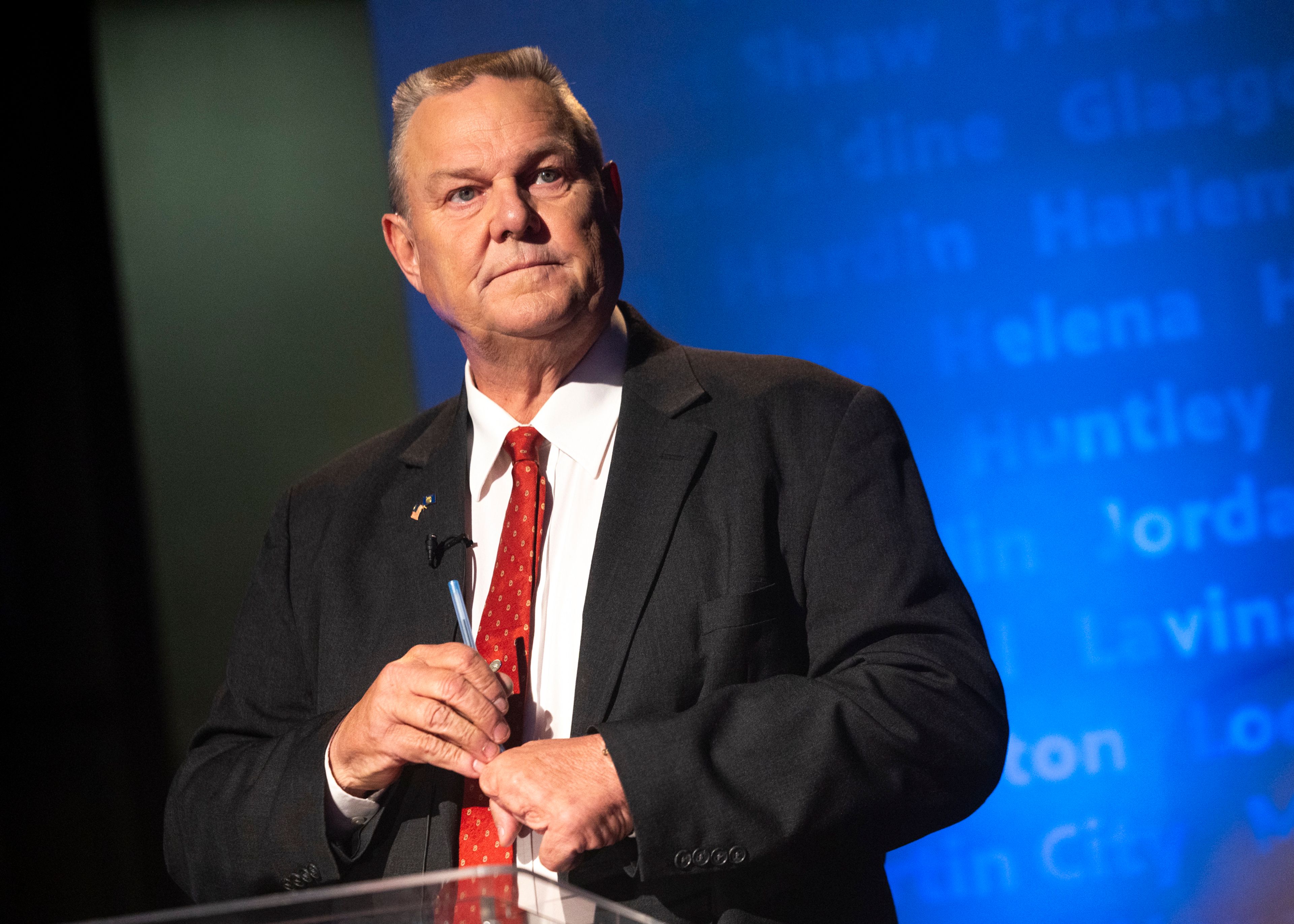 U.S. Sen. Jon Tester prepares to debate GOP challenger Tim Sheehy on campus at the University of Montana in Missoula, Mont., Monday, Sept. 30, 2024. (Ben Allan Smith/The Missoulian via AP)