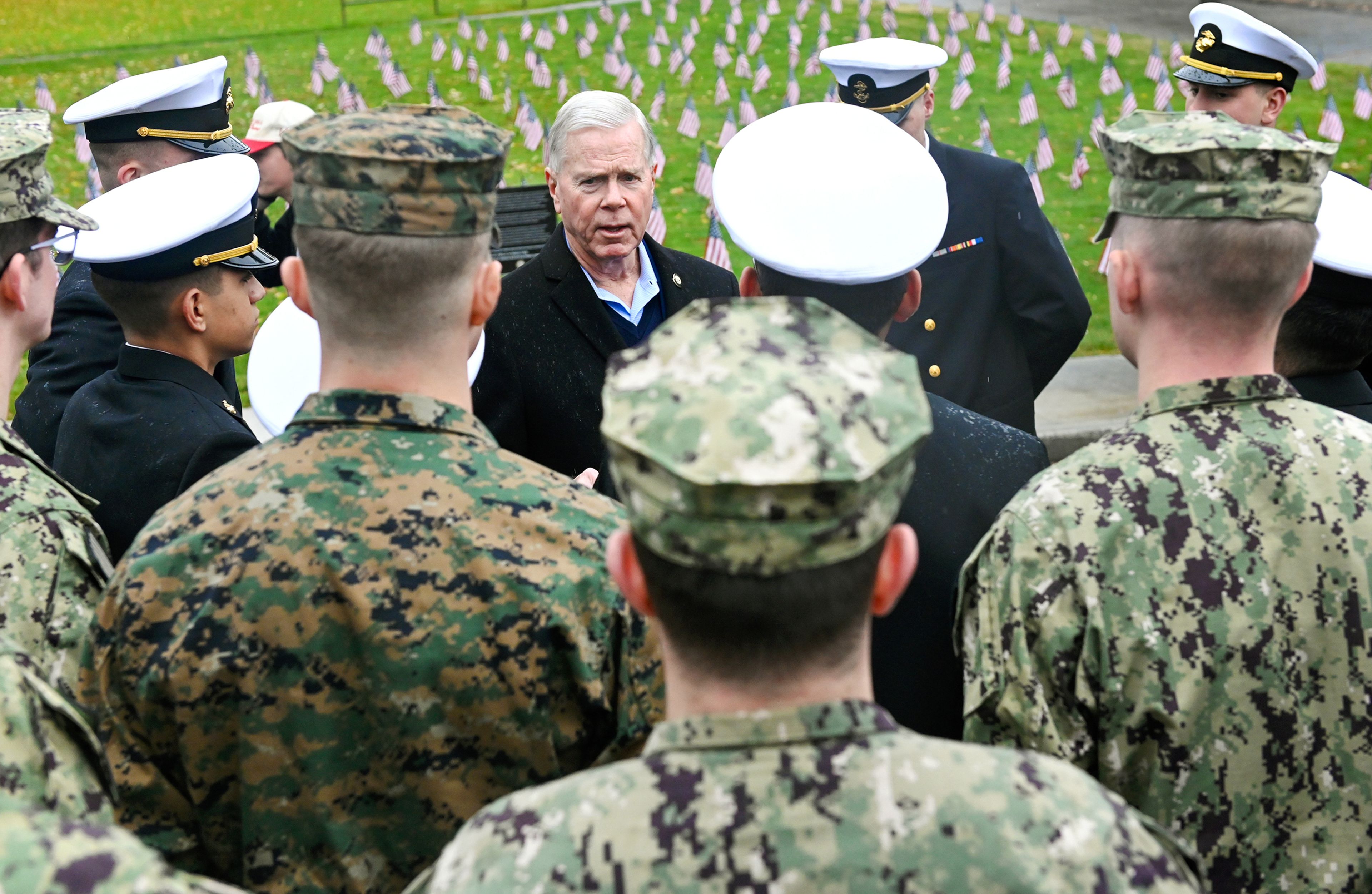 Gen. James F. Amos, center, speaks to members of the University of Idaho’s ROTC programs, after the conclusion of the UI Veterans Day ceremony Monday in Moscow. Amos gave a keynote speech at the Veterans Appreciation Dinner held later that day at the ICCU Arena.