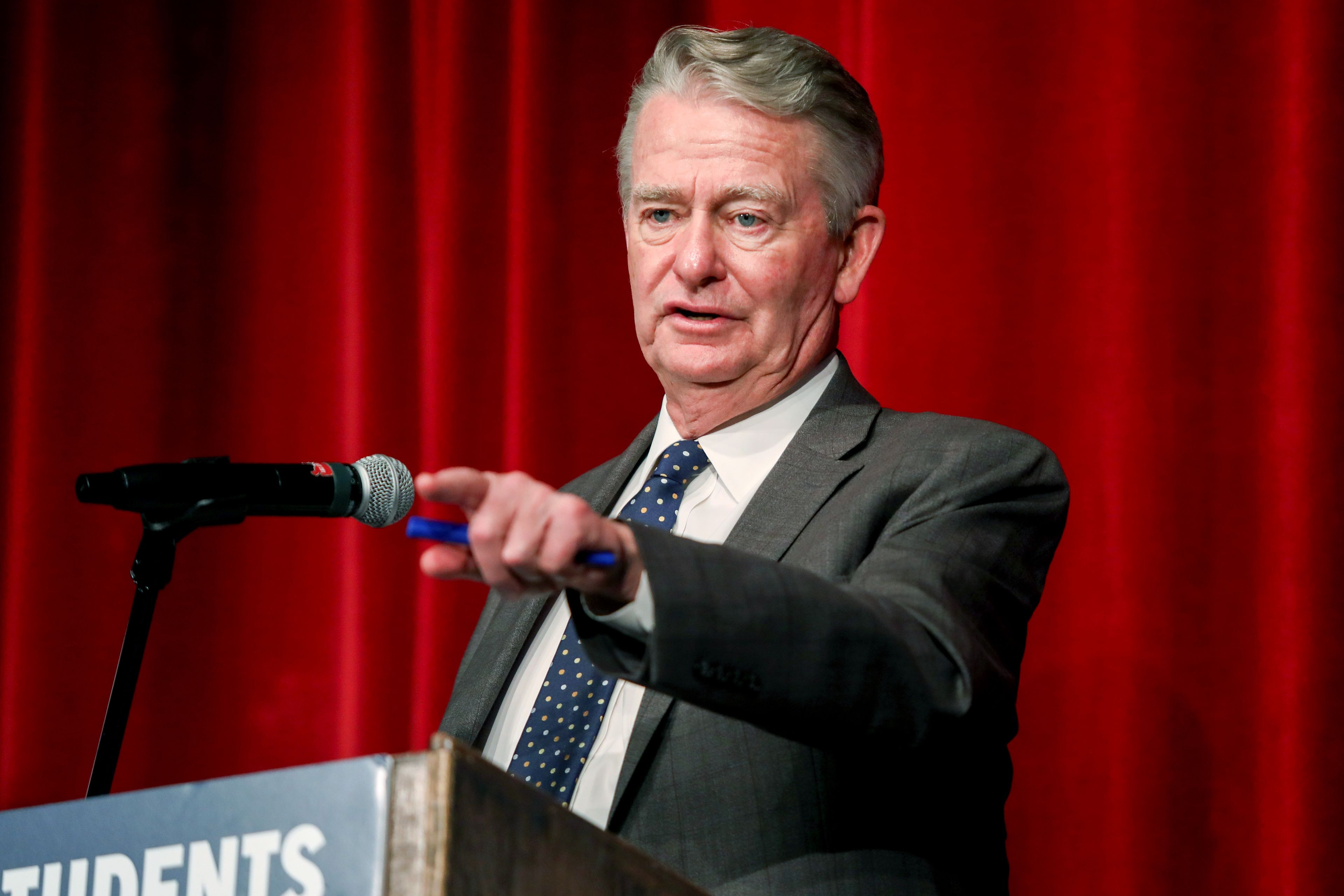 Idaho Gov. Brad Little speaks to senior students at Moscow High School last October. 