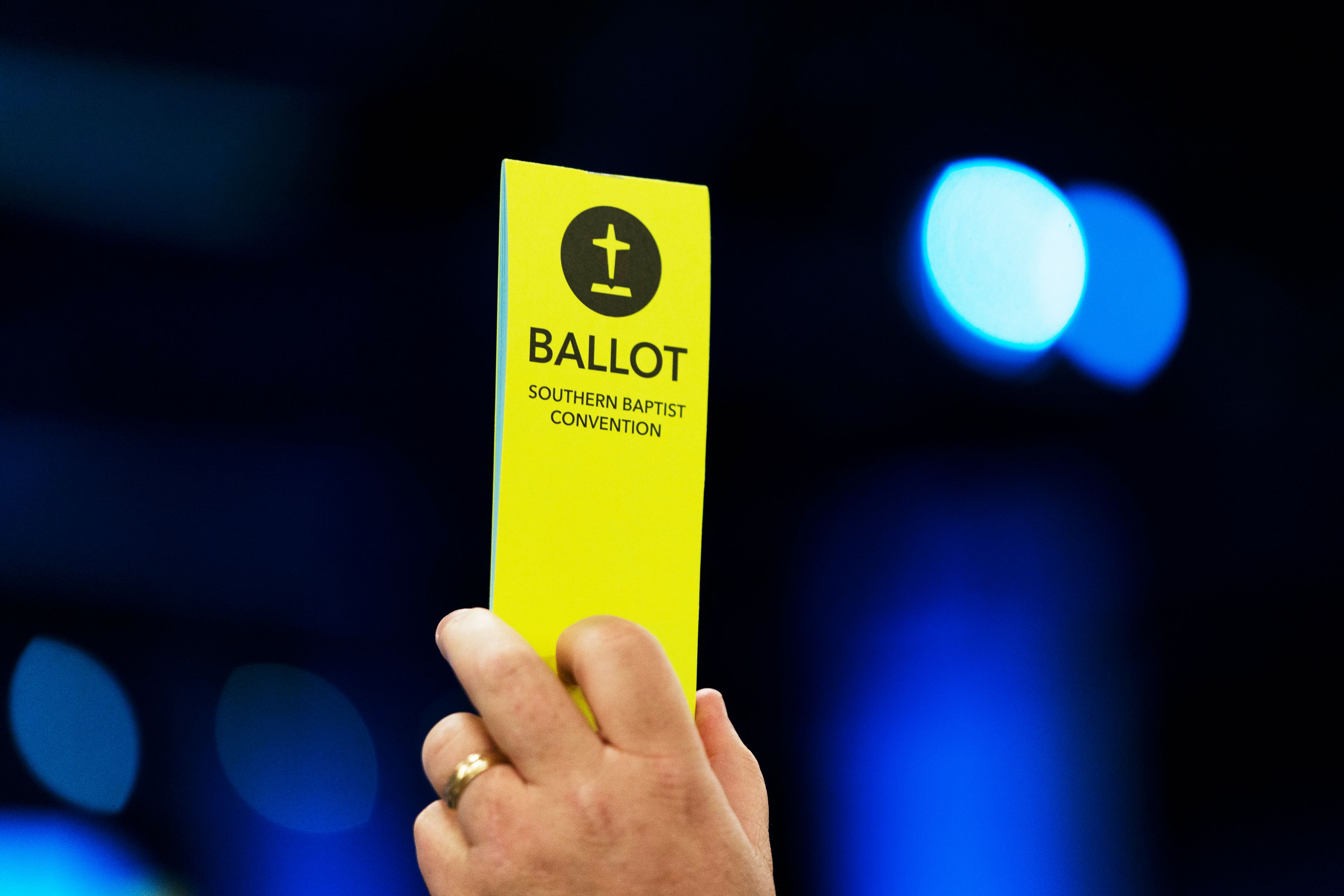 FILE - An Attendee holds up a ballot during the Southern Baptist Convention's annual meeting in Anaheim, Calif., Tuesday, June 14, 2022. Thousands will gather in Indianapolis, June 11-12, 2024, for the annual meeting of the Southern Baptist Convention.