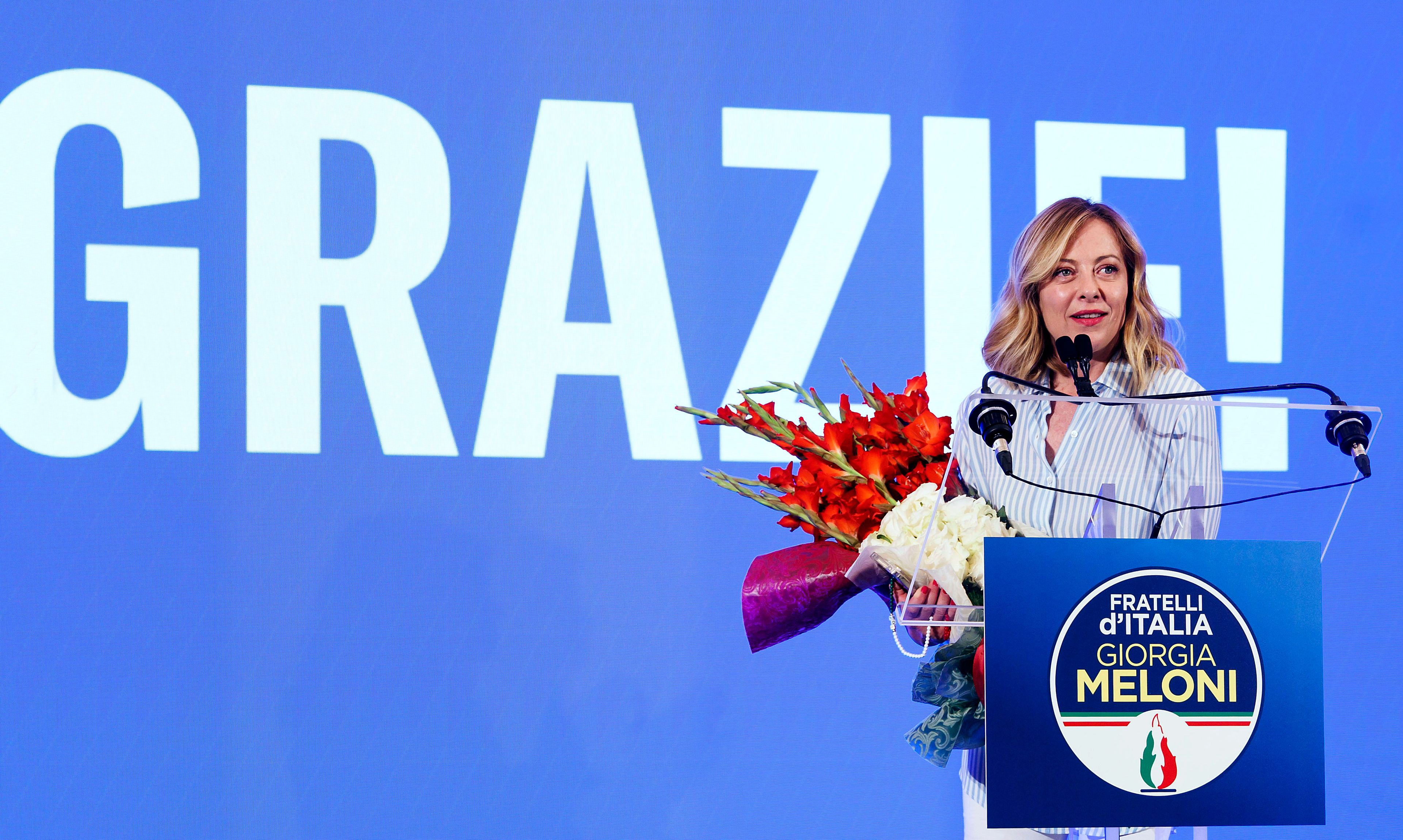 FILE - Italian Prime Minister Giorgia Meloni speaks about the results of the European Parliamentary elections at a press conference at the Fratelli d'Italia party electoral committee in Rome, Monday, June 10, 2024. Meloni hosts this week’s summit of the Group of Seven industrialized nations as the most stable European Union leader. Meloni’s German and French counterparts were shaken by European Parliamentary elections that fortified Meloni’s far-right Brothers of Italy as the strongest in Italy, setting her up as a possible bridge maker, if not kingmaker, in Europe.