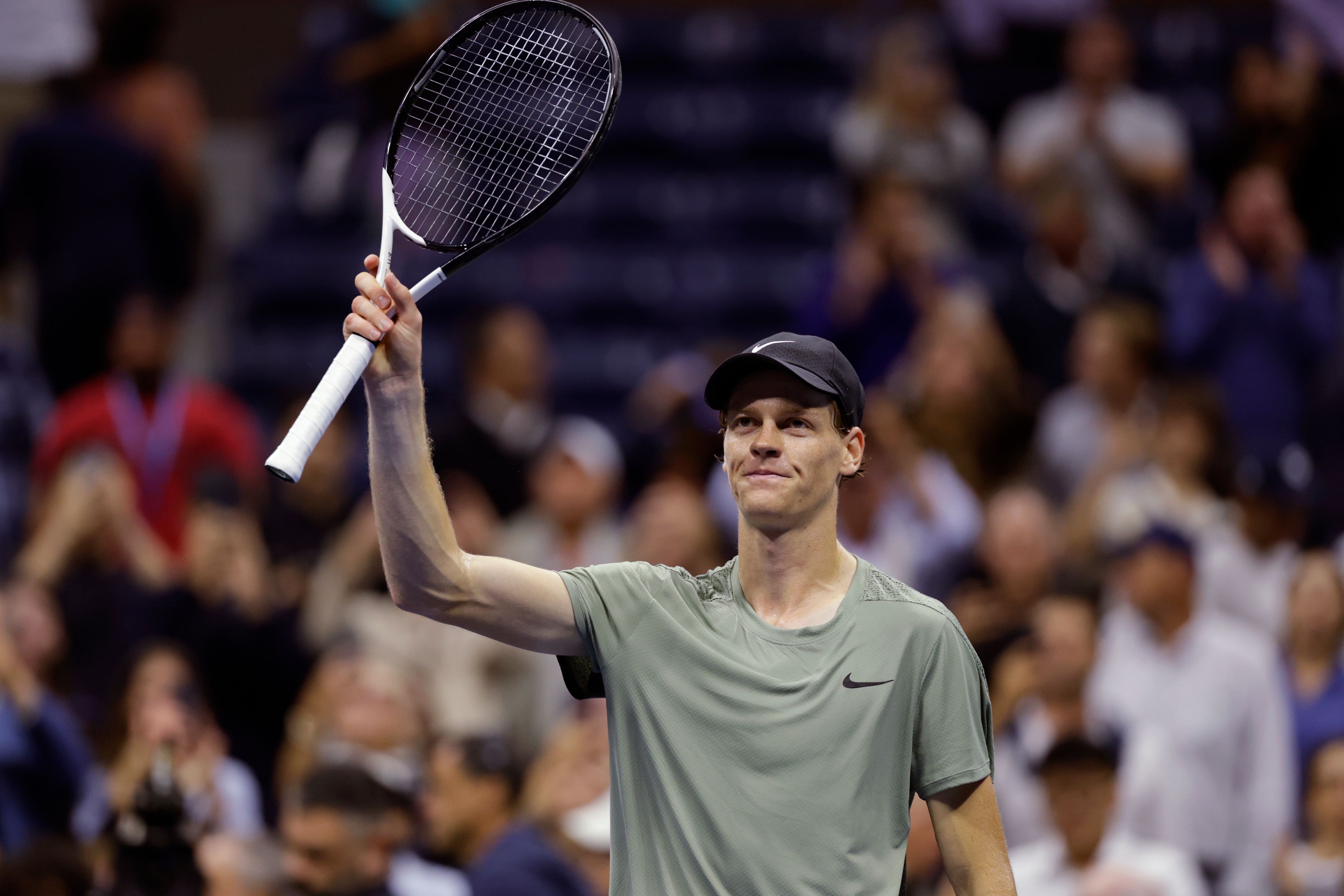 Jannik Sinner, of Italy, acknowledges the crowd after defeating Daniil Medvedev, of Russia, during the quarterfinals of the U.S. Open tennis championships, Wednesday, Sept. 4, 2024, in New York.