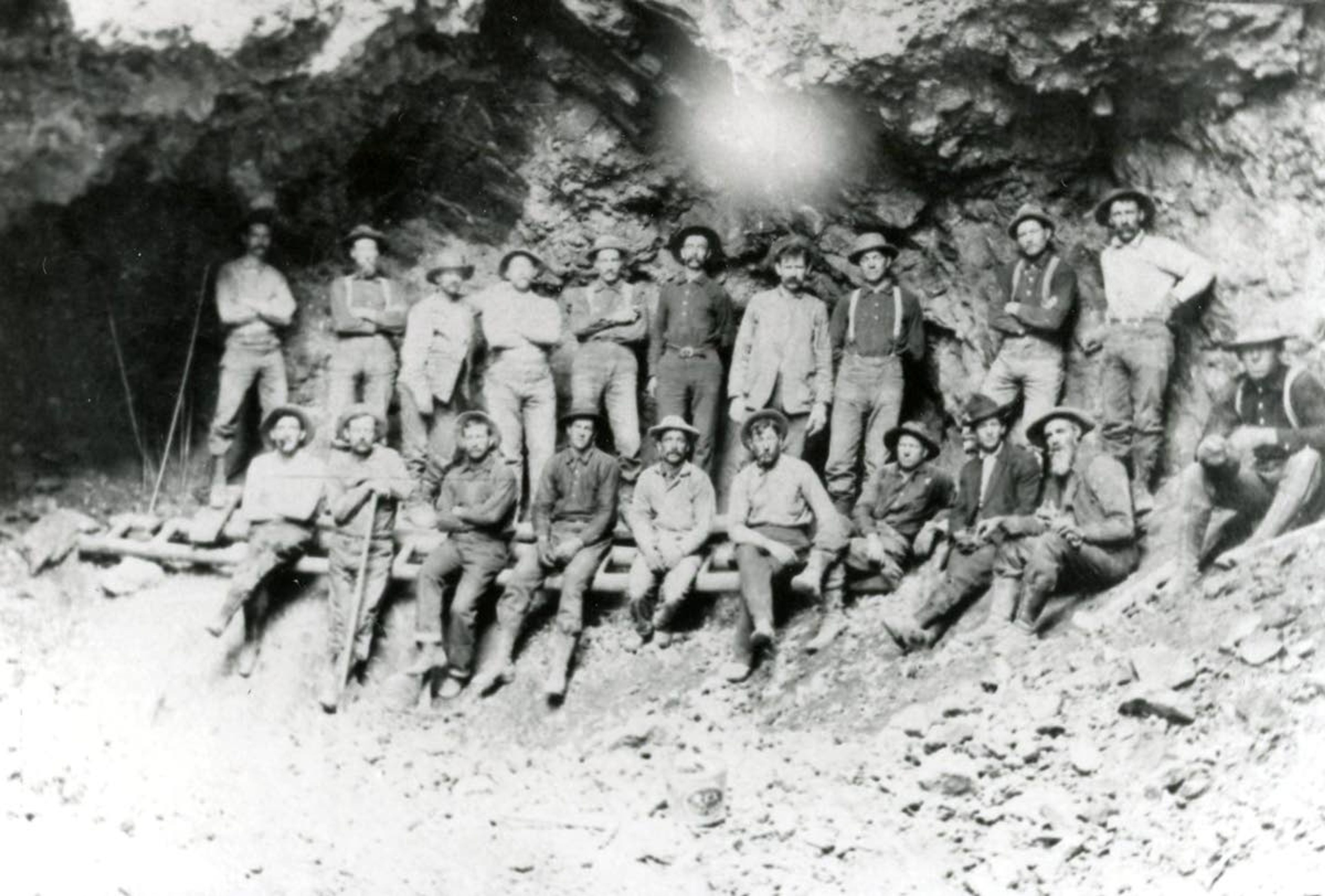 Miners are shown in Roosevelt, Idaho, near the Thunder Mountain gold rush area, in this undated photo from the Payette National Forest.