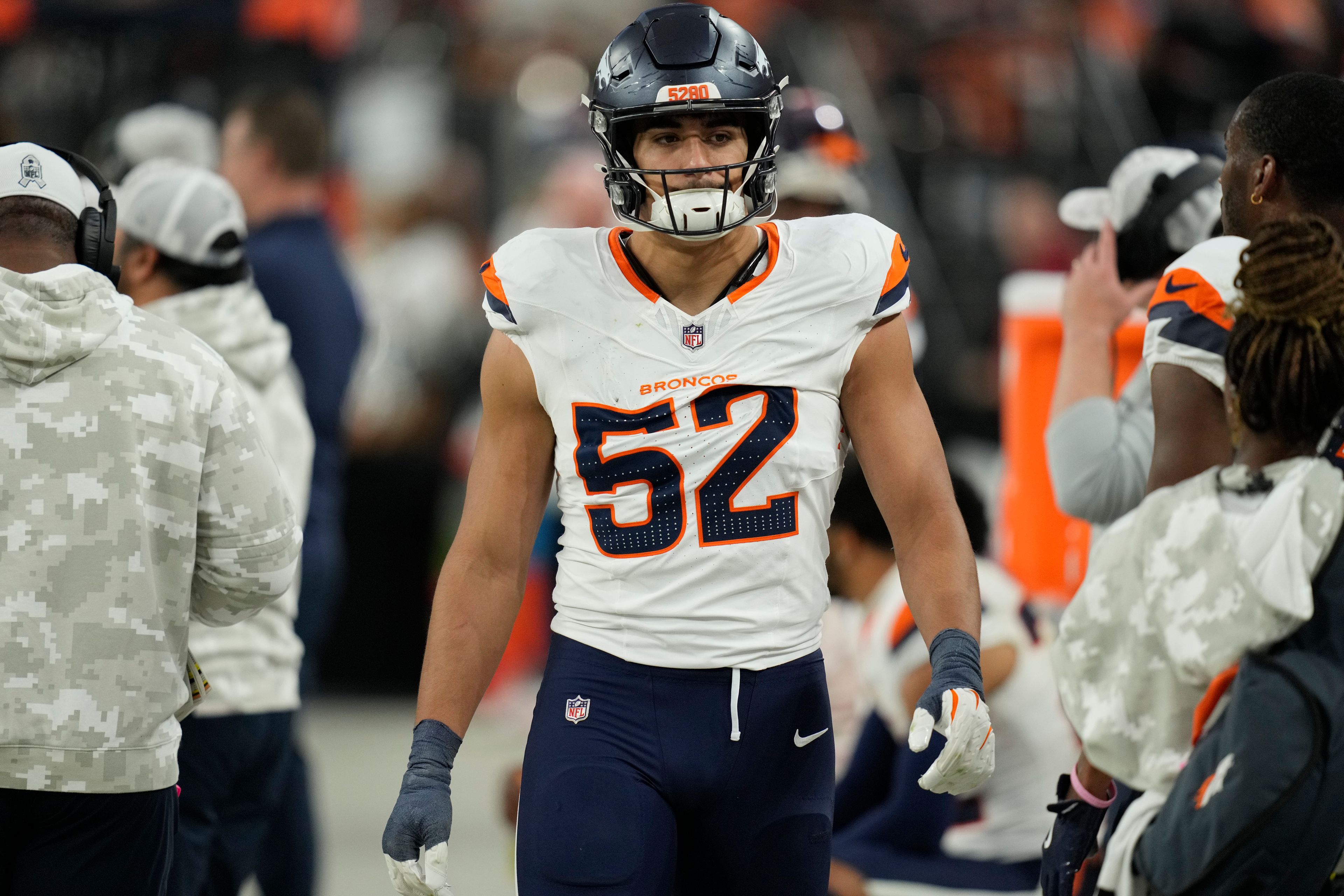 Denver Broncos linebacker Jonah Elliss (52) during the second half of an NFL football game against the Las Vegas Raiders, Sunday, Nov. 24, 2024, in Las Vegas. (AP Photo/John Locher)