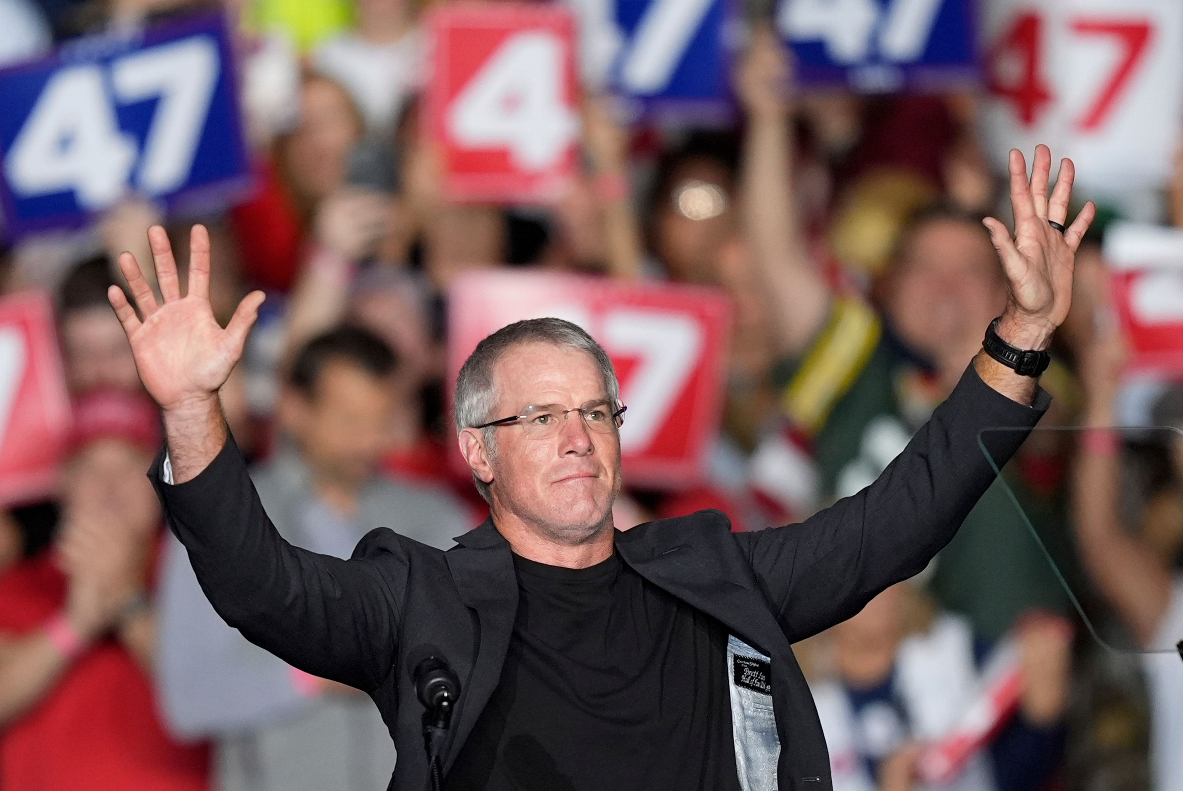 Former Green Bay Packers quarterback Brett Favre speaks before Republican presidential nominee former President Donald Trump at a campaign rally at the Resch Center, Wednesday, Oct. 30, 2024, in Green Bay, Wis. (AP Photo/Alex Brandon)