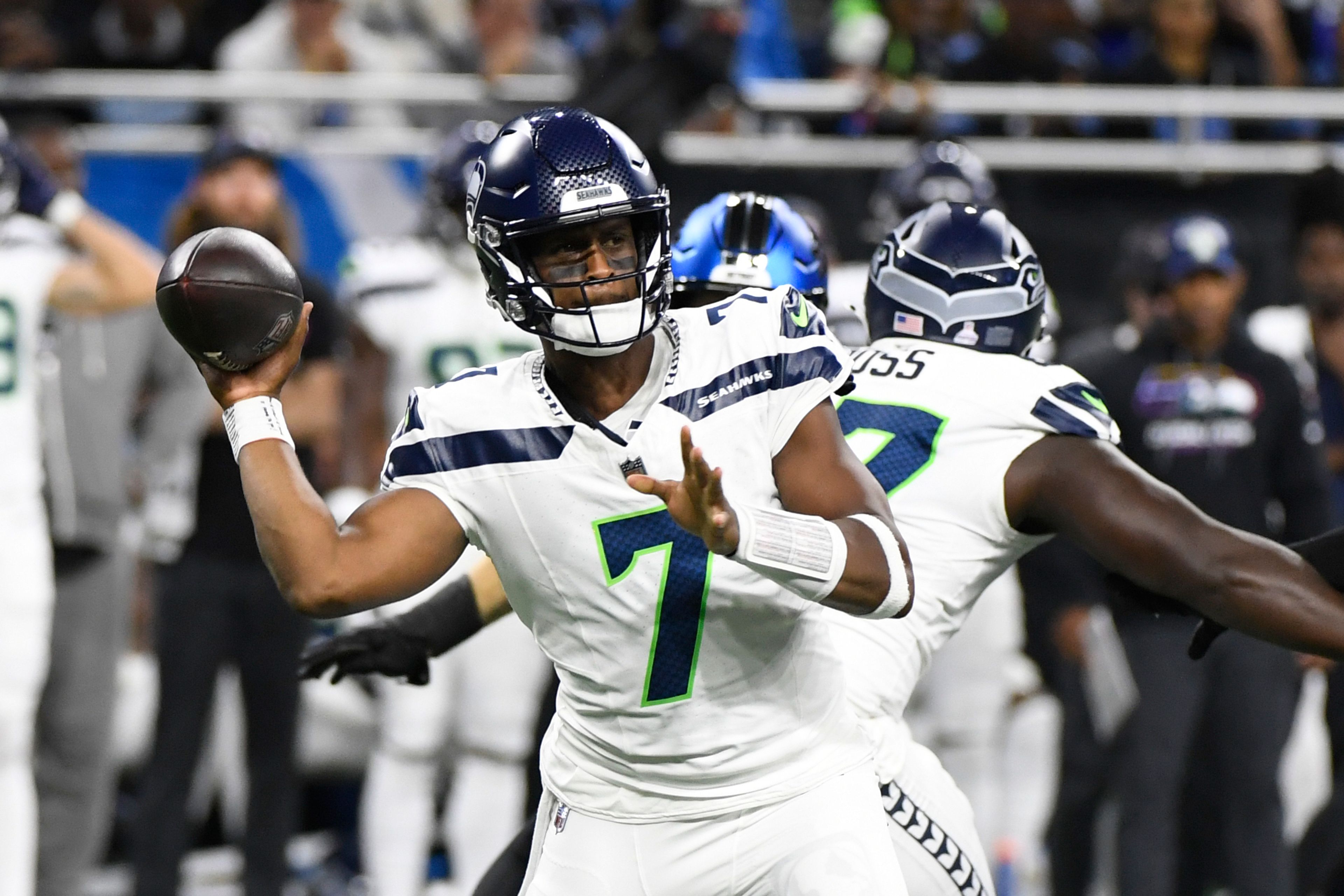 Seattle Seahawks quarterback Geno Smith throws during the first half of an NFL football game against the Detroit Lions, Monday, Sept. 30, 2024, in Detroit. (AP Photo/Jose Juarez)