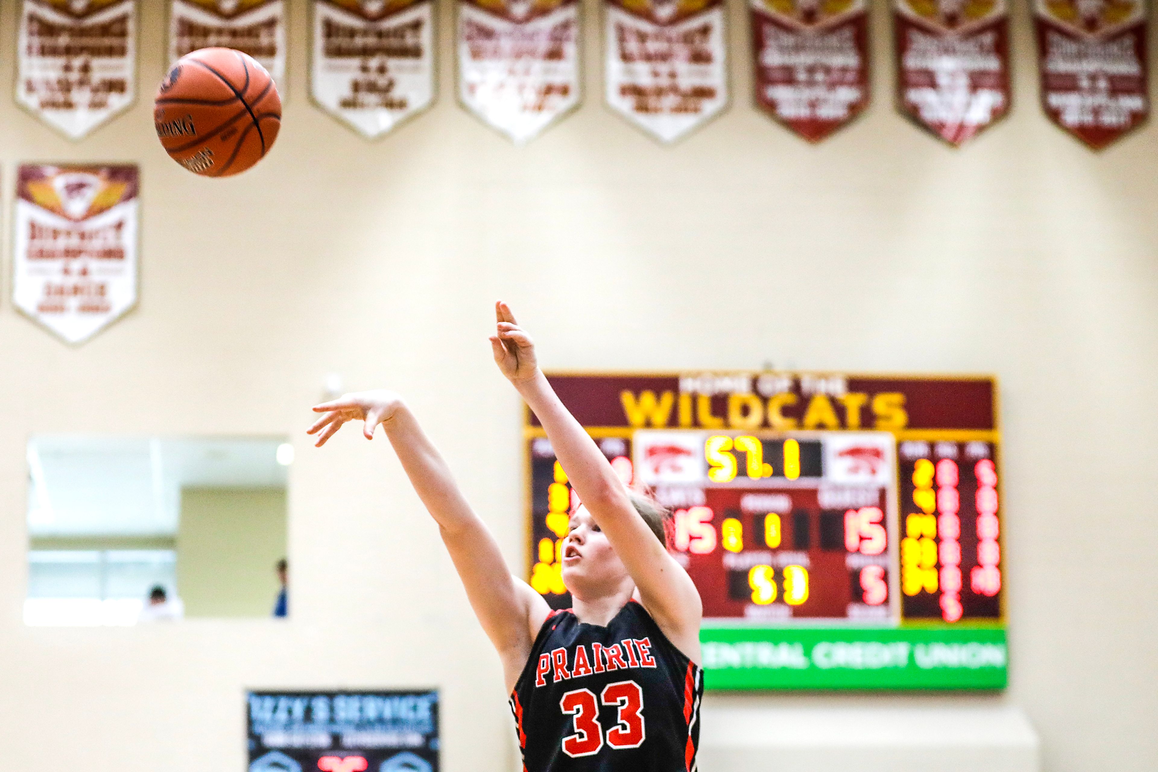 Prairie guard Sage Elven shoots a three-pointer against Murtaugh during a quarterfinal game in the girls 1A DI state tournament Thursday at Columbia High School in Nampa.