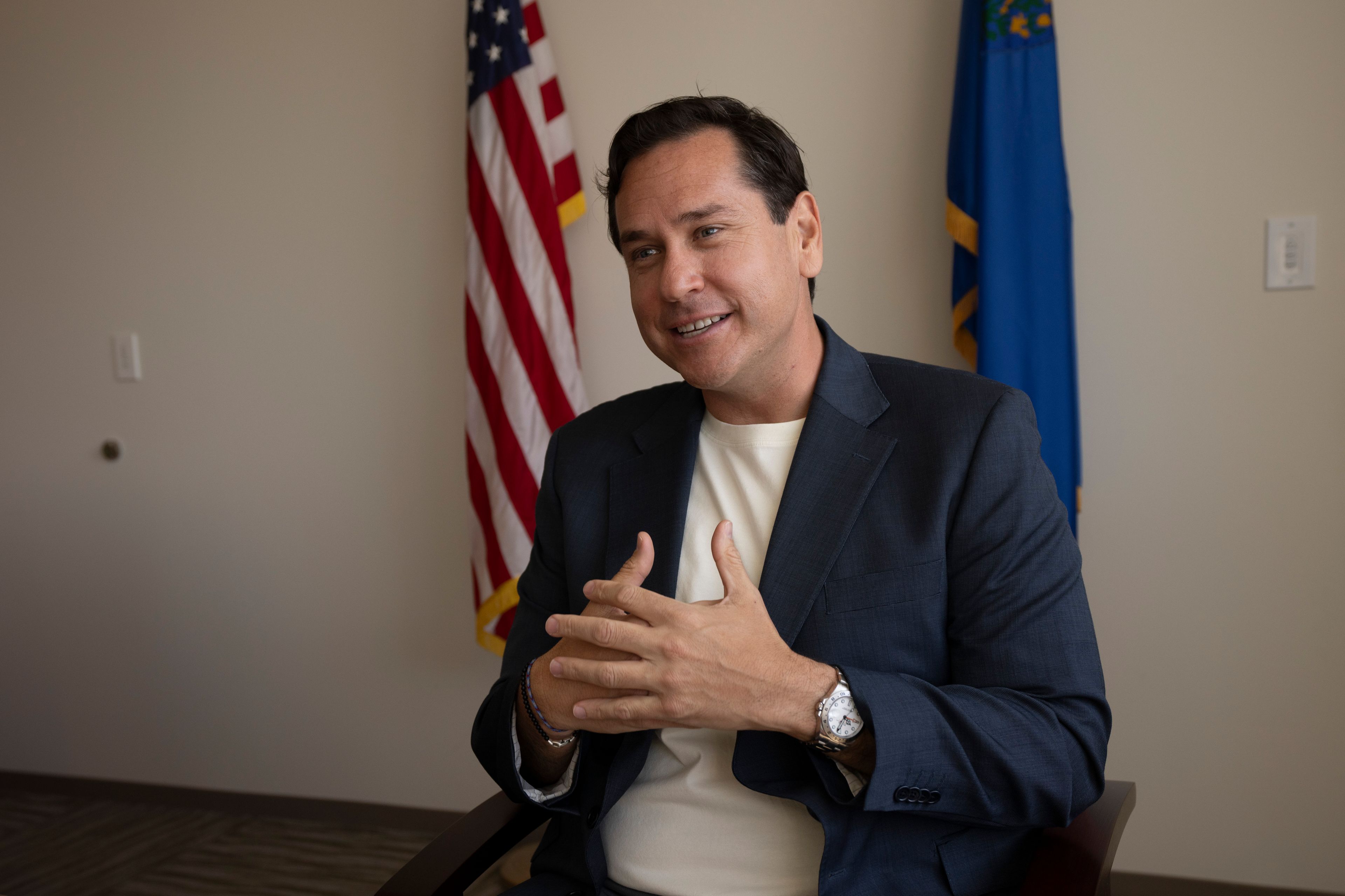 Nevada Secretary of State Cisco Aguilar speaks during an interview with The Associated Press in Las Vegas, Thursday, May 16, 2024. The use of electronic balloting has been quietly expanding in recent years to cover the disabled and, in Nevada this year, Native American tribes. Election security experts are warning of the risk that ballots submitted on a computer can be digitally intercepted or manipulated.