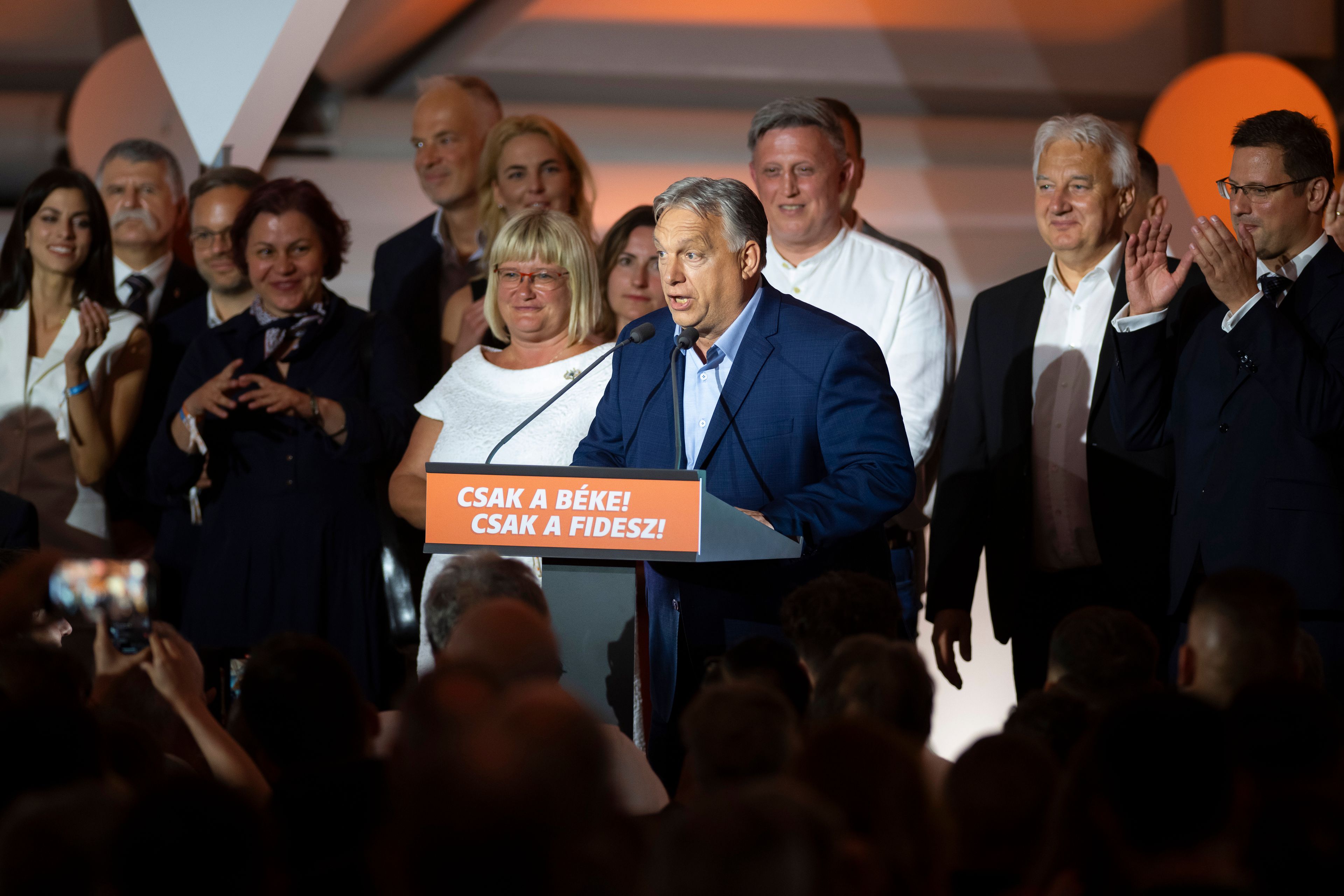 Hungarian Prime Minister Viktor Orban addresses the media after receiving the results of the European Parliamentary elections in Budapest, Hungary, early Monday, June 10, 2024.