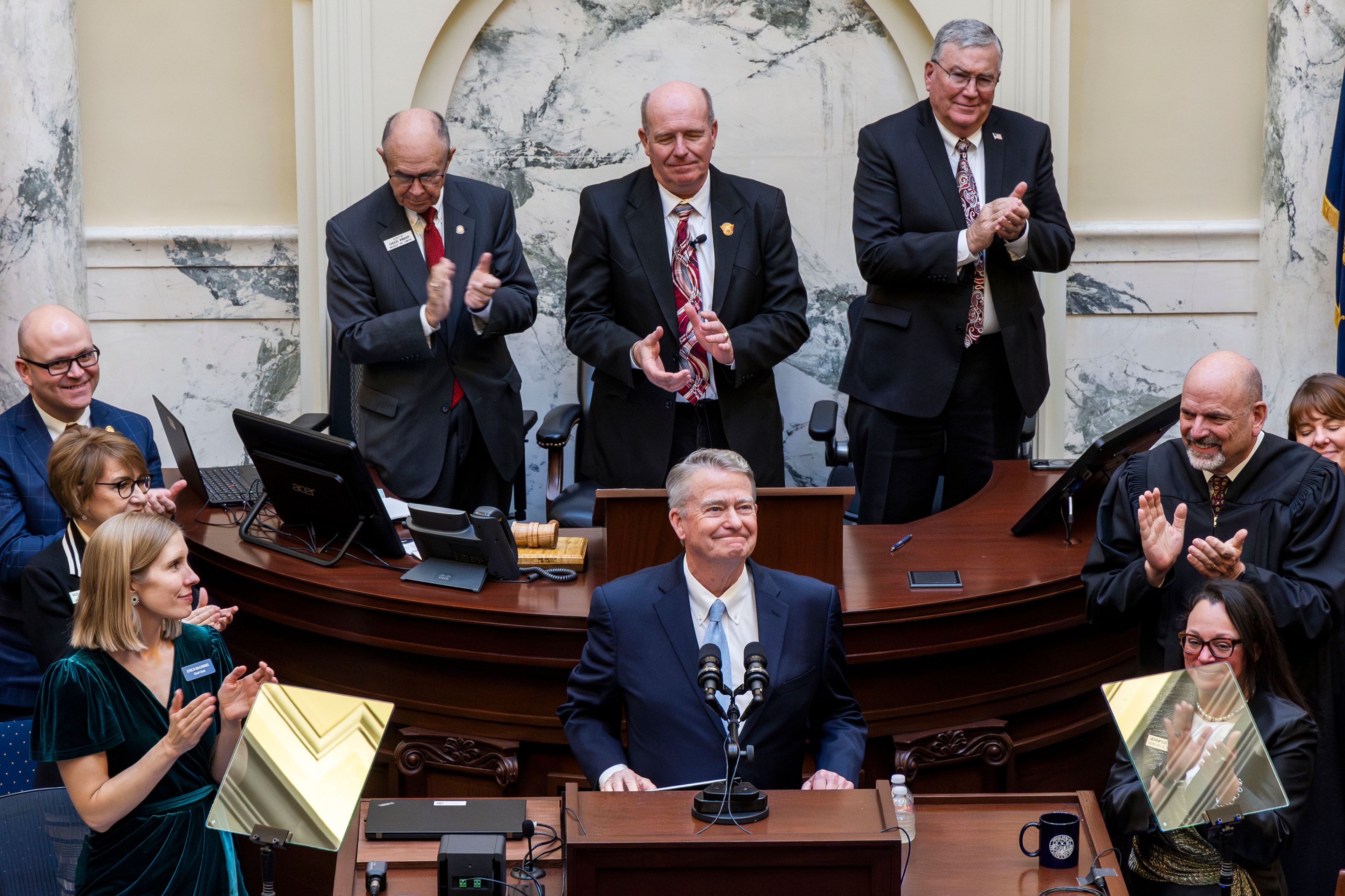 Gov. Brad Little receives applause after his State of the State address to the 2024 Idaho Legislature, elected officials and the citizens of Idaho, Monday, Jan. 8, 2024, at the Statehouse in Boise. (Darin Oswald/Idaho Statesman via AP)