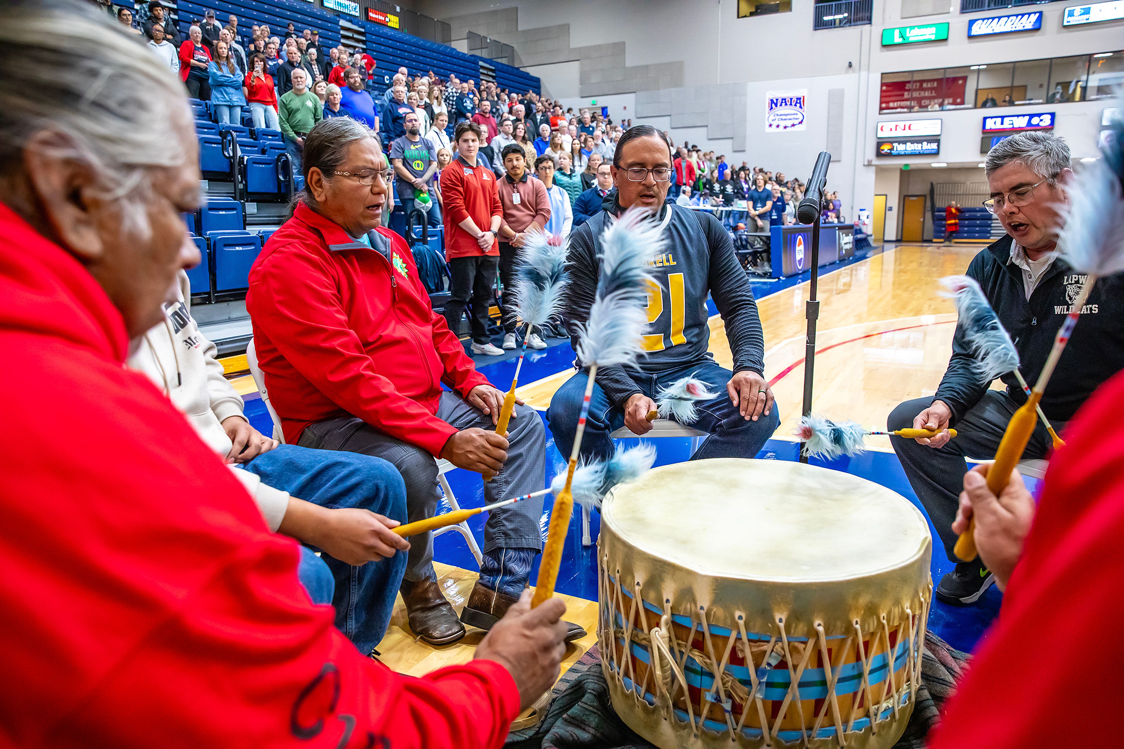 Drummers play a fight song during halftime between Lewis-Clark State and Haskell during the season opening game as part of Tribal Nations Weekend Saturday in Lewiston.,