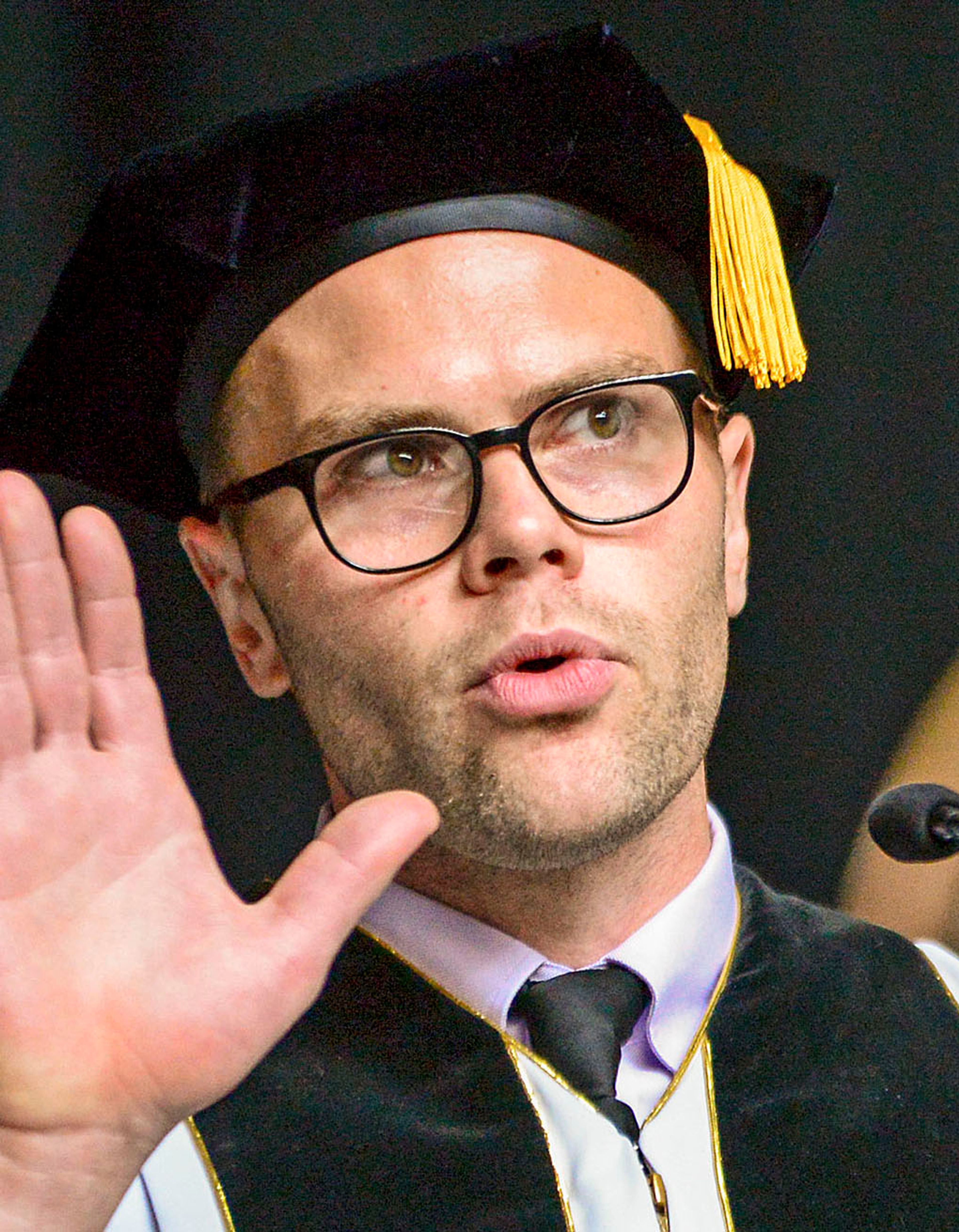 Samuel Hunter, a playwright from Moscow, Idaho, delivers the commencement address, Saturday, May 16, 2015, at the 2015 Spring Commencement of the University of Idaho in the Kibbie Dome.