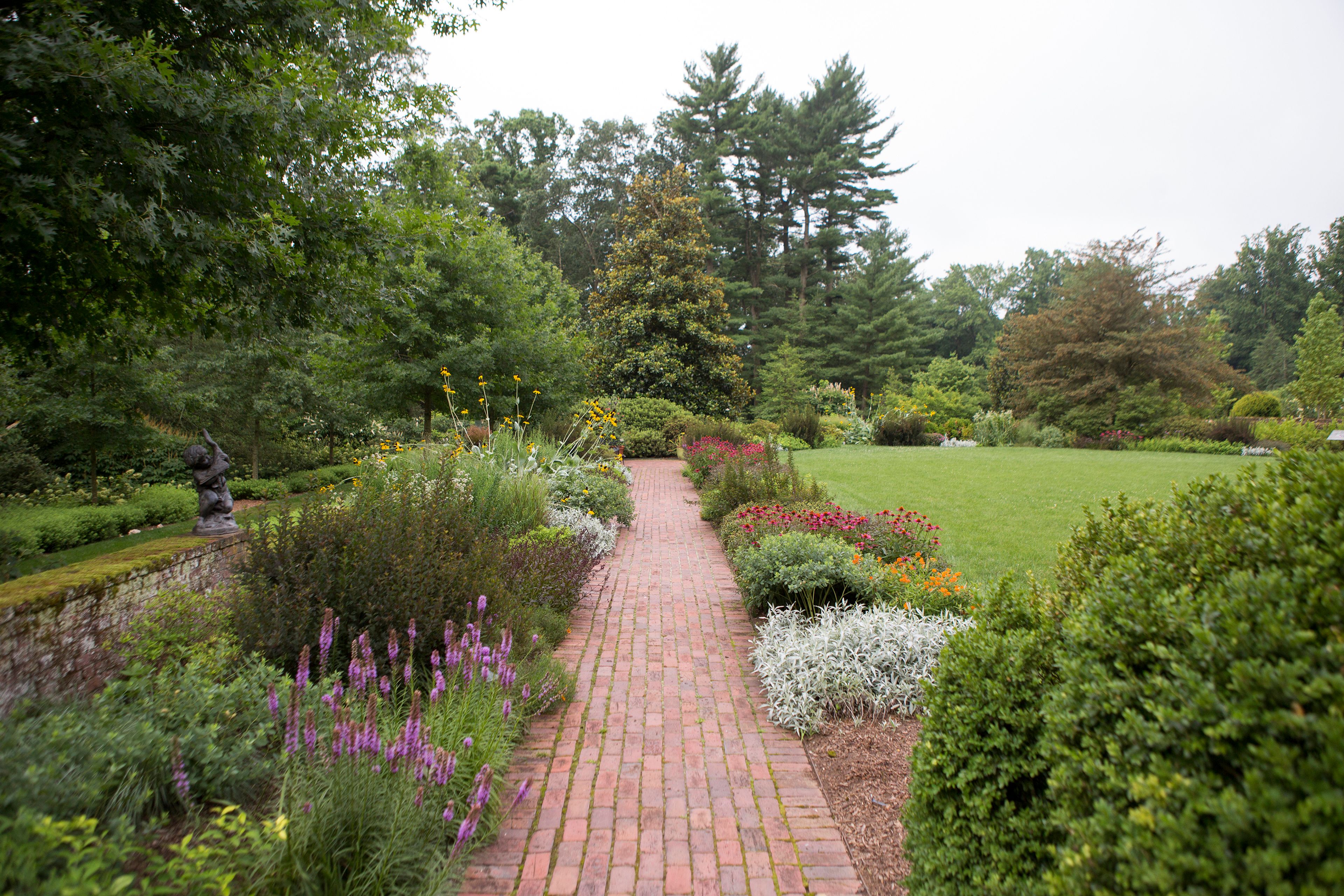 This undated photo provided by Mt. Cuba Center shows formal native plantings, including Asclepias tuberosa, Echinacea purpurea, Liatris, Physocarpus opulifolius and Artemesia ludoviciana, flanking a walkway at Mt. Cuba Center botanical garden in Hockessin, Del.