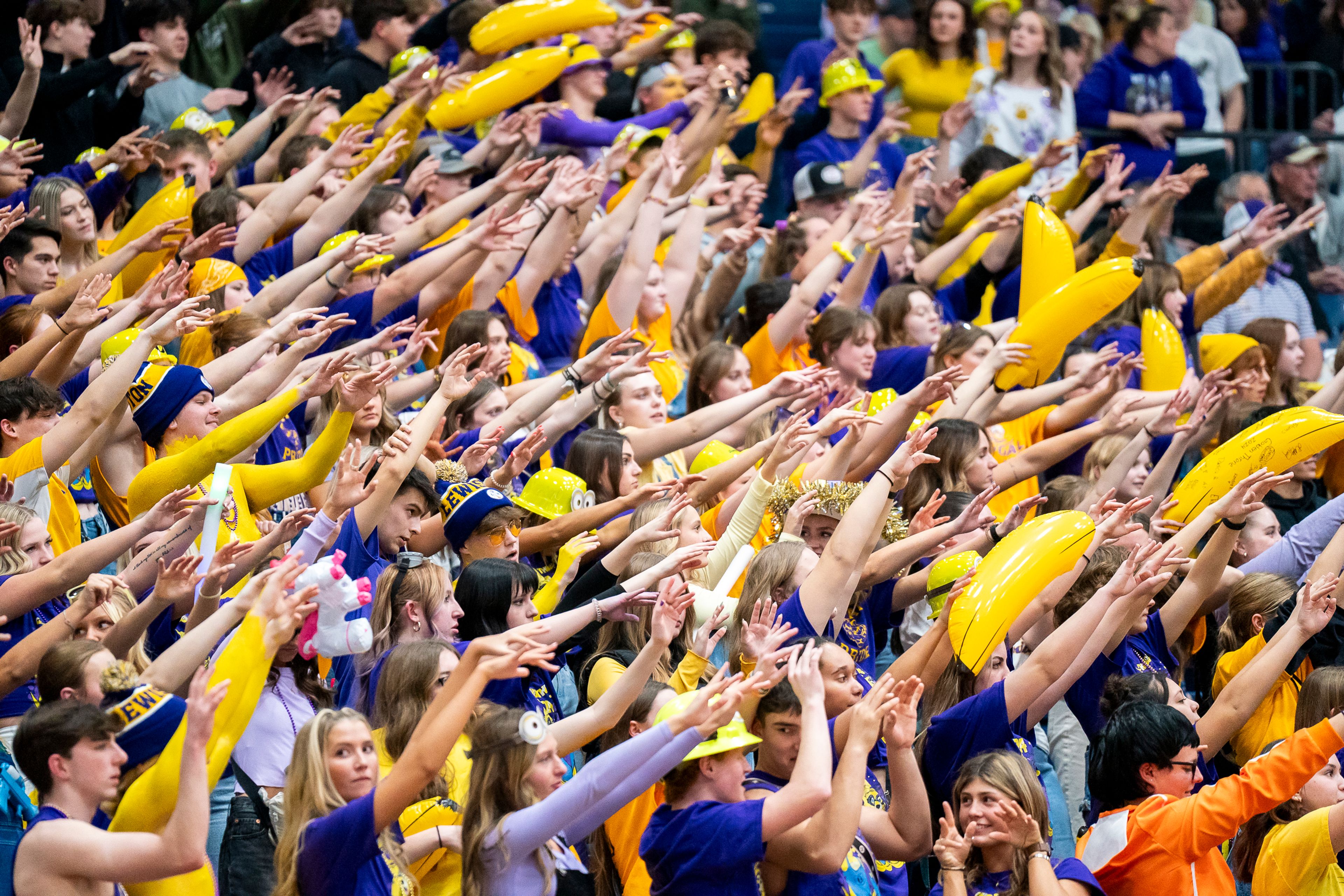 The Lewiston High School student section raises their hands in the air for a free throw attempt during their girl’s basketball Golden Throne rivalry game against Clarkston on Friday inside the P1FCU Activity Center in Lewiston.