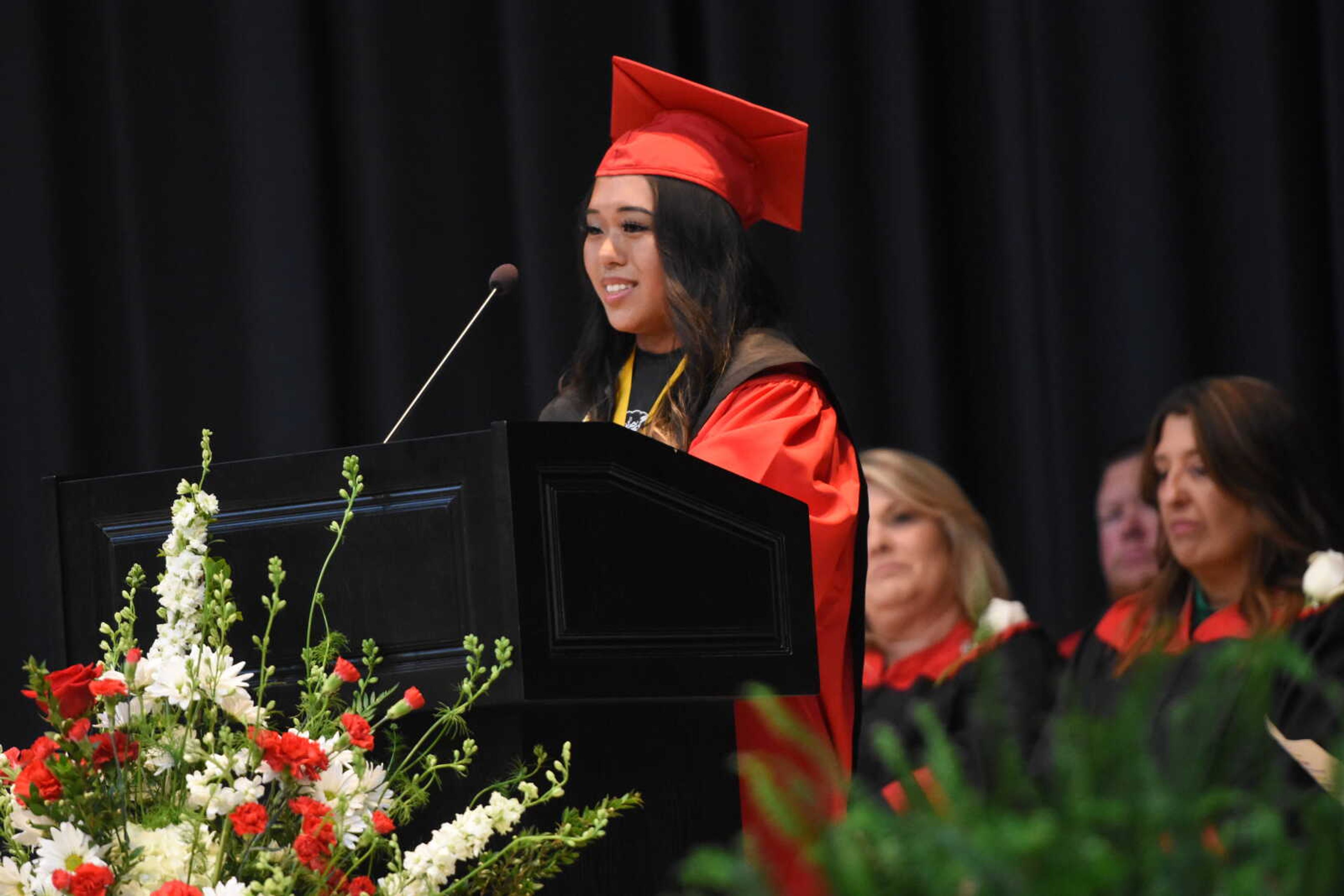 Salutatorian Rachel Lin delivers her remarks.