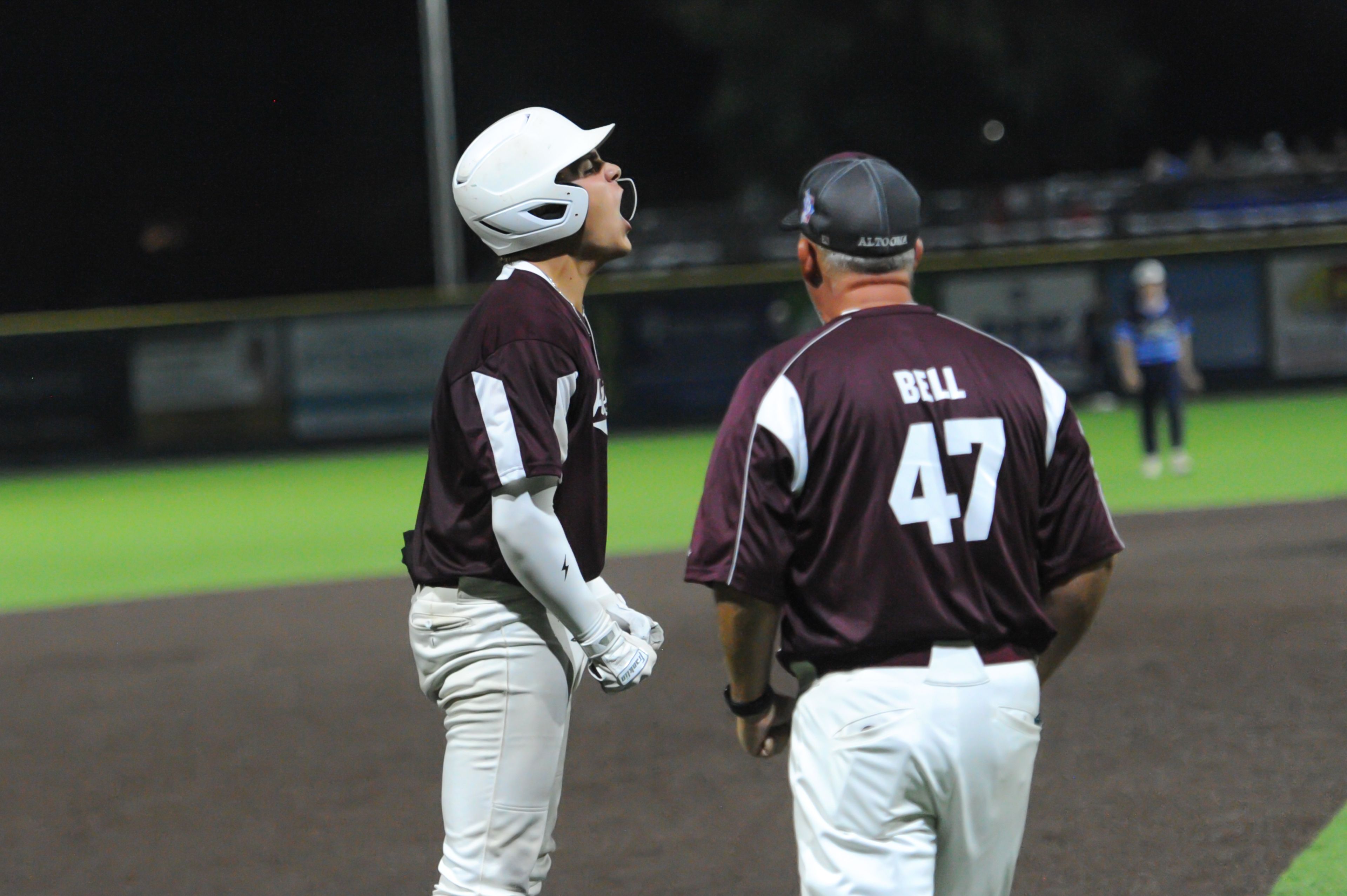 Altoona's Gavin Bell celebrates a three-RBI triple in the seventh inning of an August 14, 2024 Babe Ruth World Series game between the Aycorp Fighting Squirrels and the Altoona, Pennsylvania, at Capaha Field in Cape Girardeau, Mo. Aycorp defeated Altoona, 12-11.