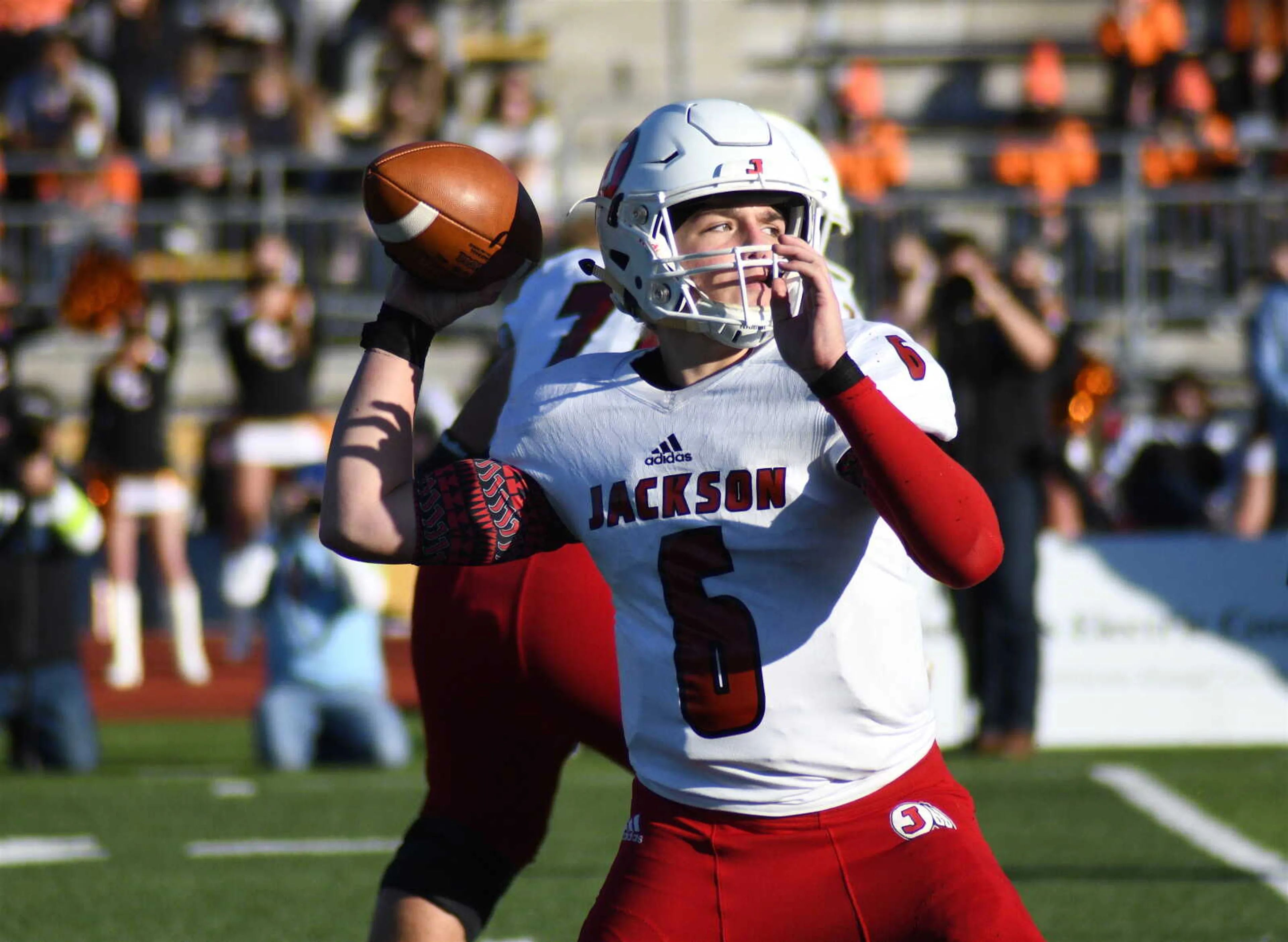 Jackson quarterback Cael Welker throws a pass against Platte County in the Class 5 state championship game on Saturday, Dec. 5, 2020, at Jefferson City.