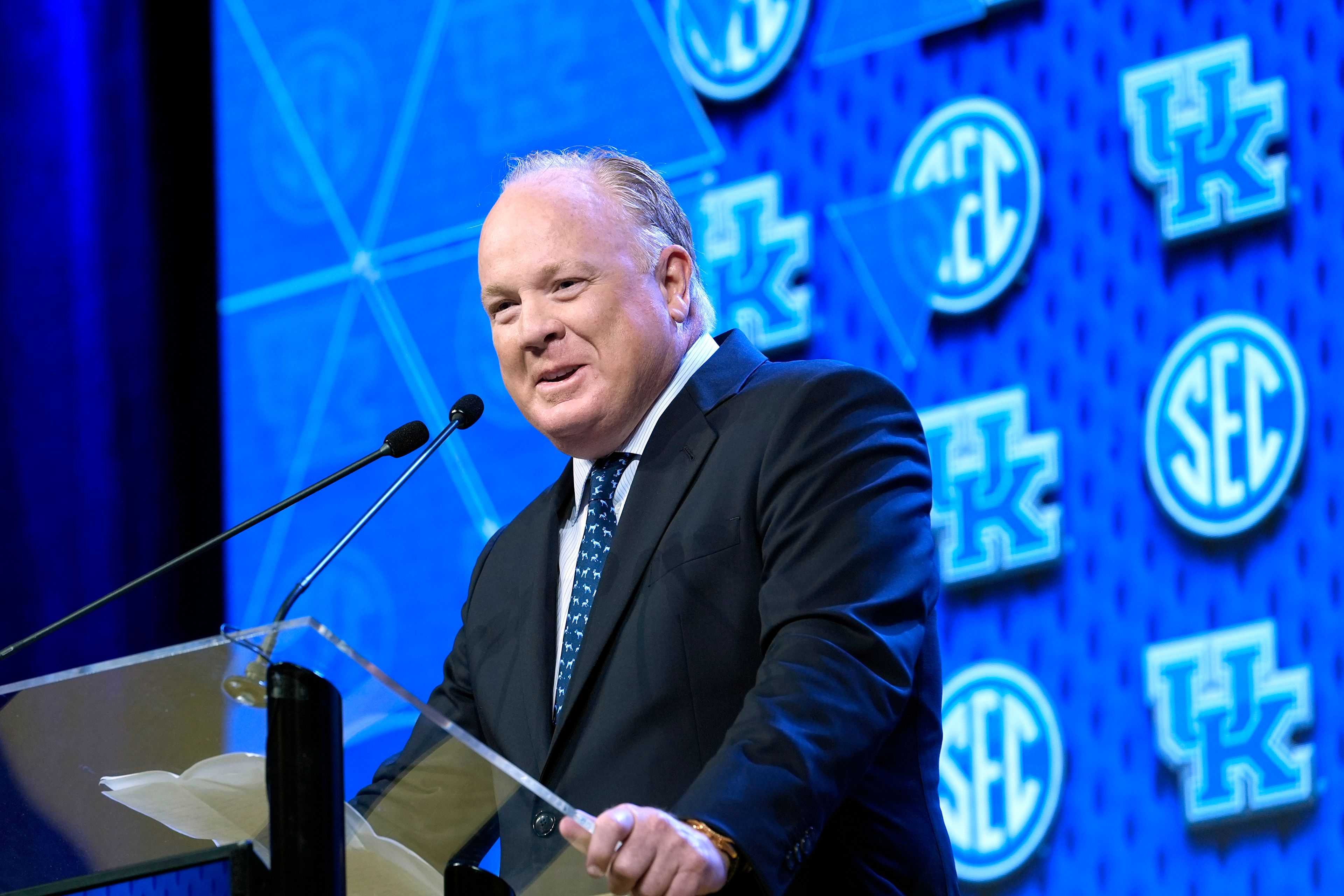 FILE - Kentucky head football coach Mark Stoops speaks during the Southeastern Conference NCAA college football media days Thursday, July 18, 2024, in Dallas. (AP Photo/LM Otero, File)