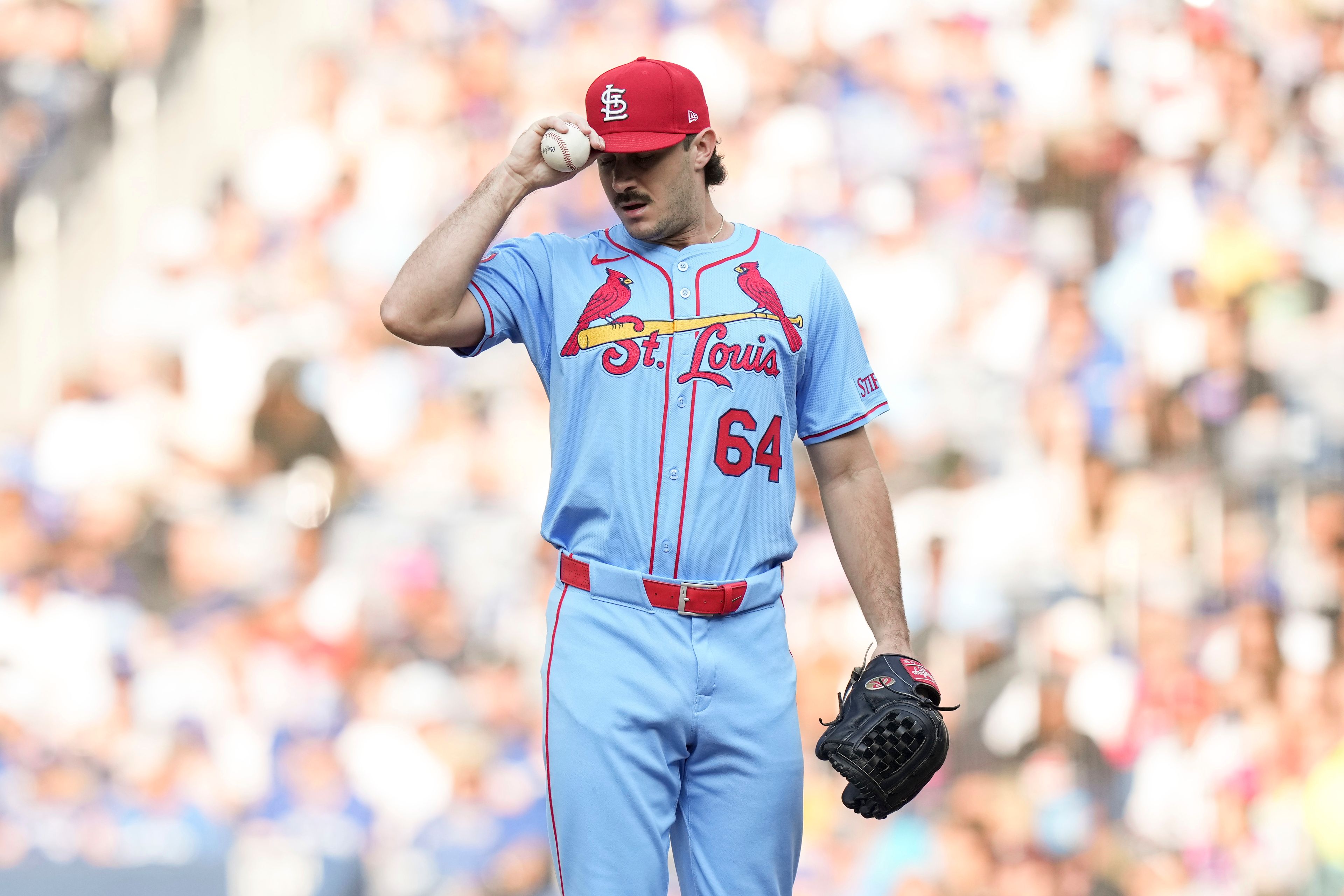 St. Louis Cardinals pitcher Ryan Fernandez reacts during sixth inning interleague MLB baseball action against the Toronto Blue Jays in Toronto, Saturday September 14, 2024. (Chris Young/The Canadian Press via AP)