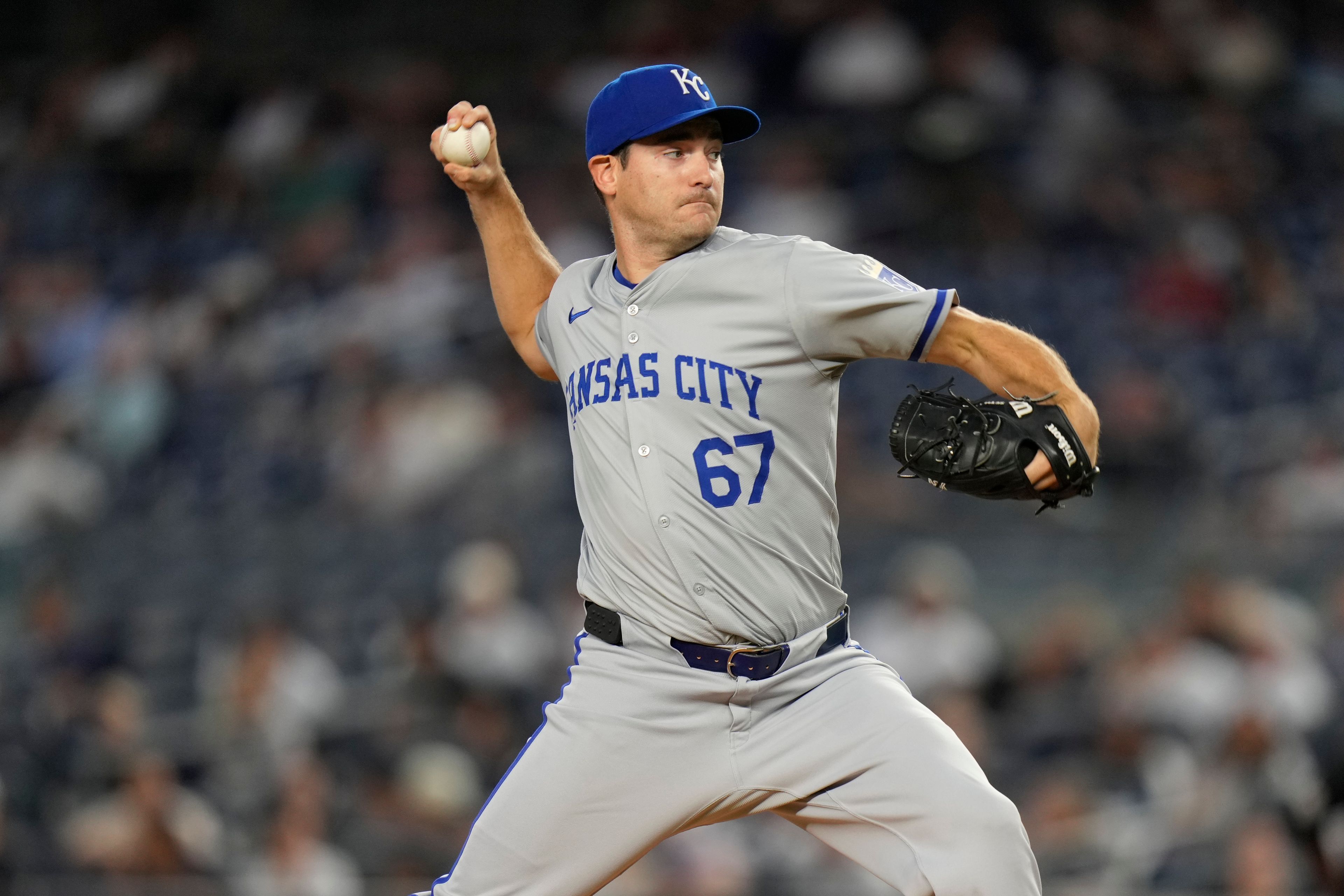 Kansas City Royals pitcher Seth Lugo throws during the first inning of a baseball game against the New York Yankees at Yankee Stadium, Tuesday, Sept. 10, 2024, in New York. (AP Photo/Seth Wenig)