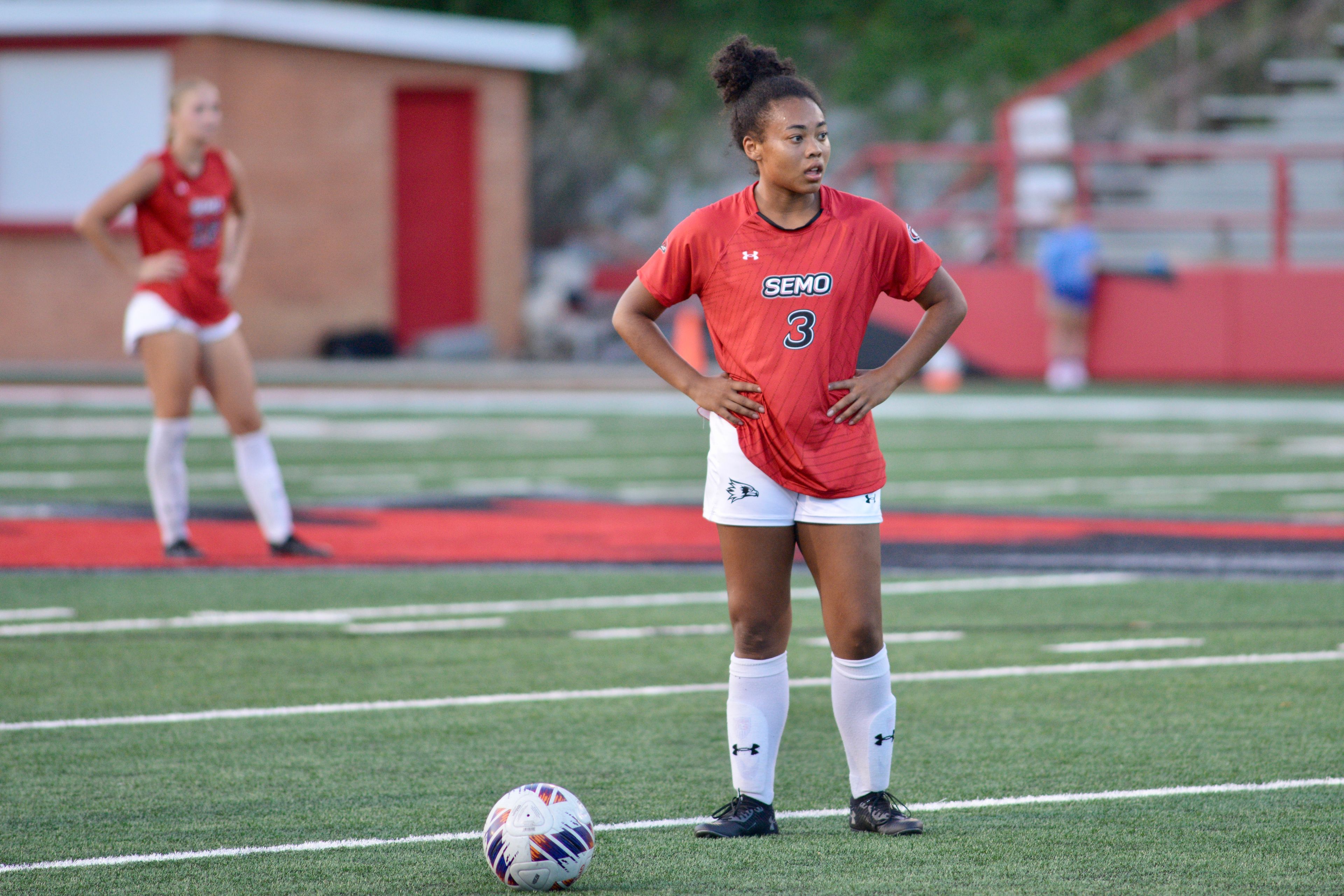 Southeast Missouri State’s Navi Washington stands with the ball during a soccer match against Murray State on Sunday, Aug. 18, at Houck Field.