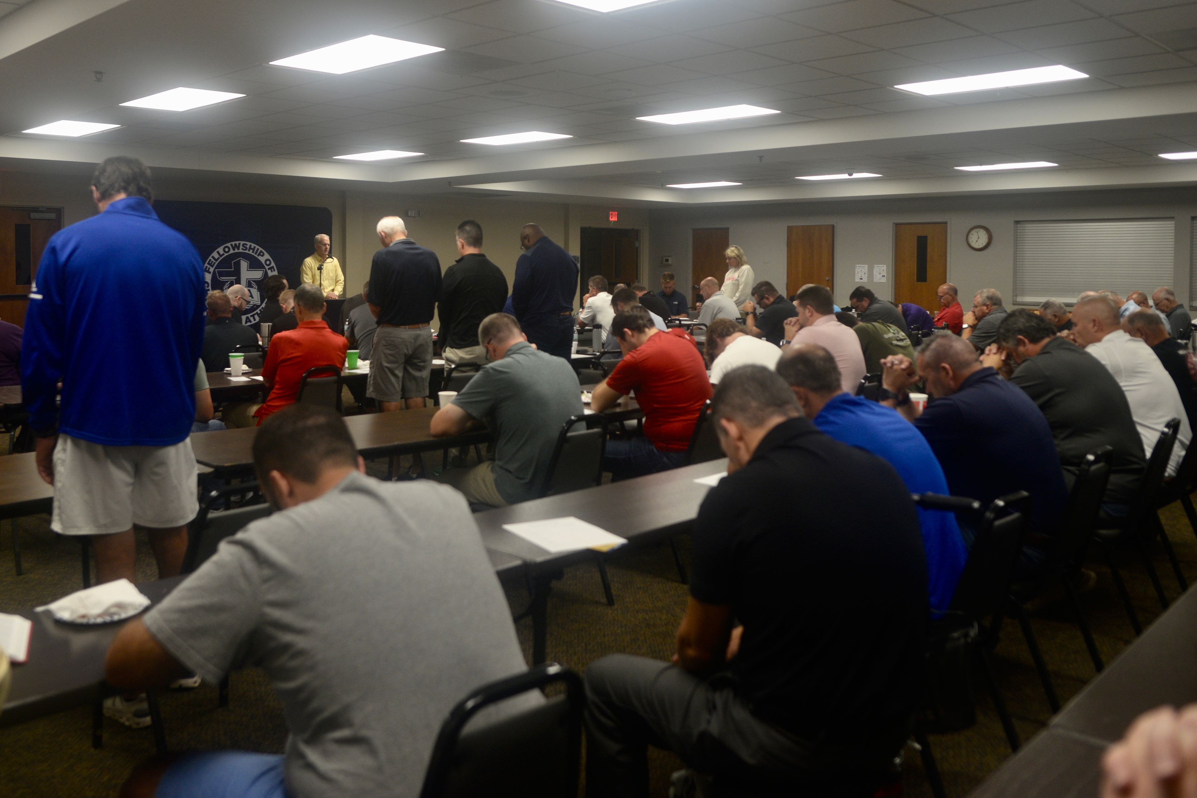 Mark Anderson, senior pastor at Lynwood Baptist Church, led a group prayer during the FCA Prayer Breakfast on Wednesday, Aug. 28, in Lynwood Baptist Church in Cape Girardeau.