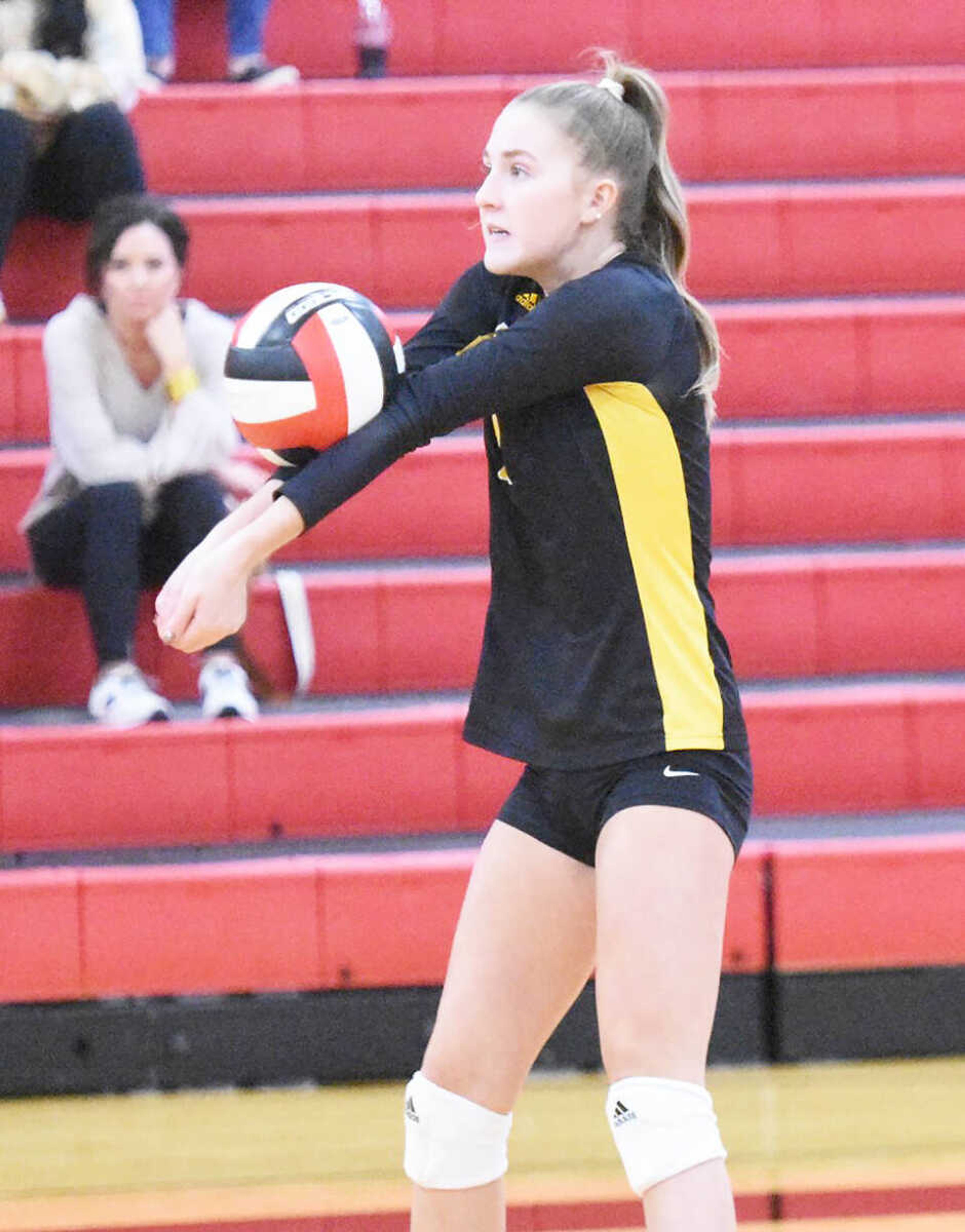 Kennett’s Bella Wilson receives a serve during the Indians’ Class 3 District 1 match versus Fredericktown at Bearcats Events Center in Dexter, dated Thursday, Oct. 19, 2023. Fredericktown swept Kennett to eliminate the Indians from the postseason. Still, Kennett had yet another double-digit win season.