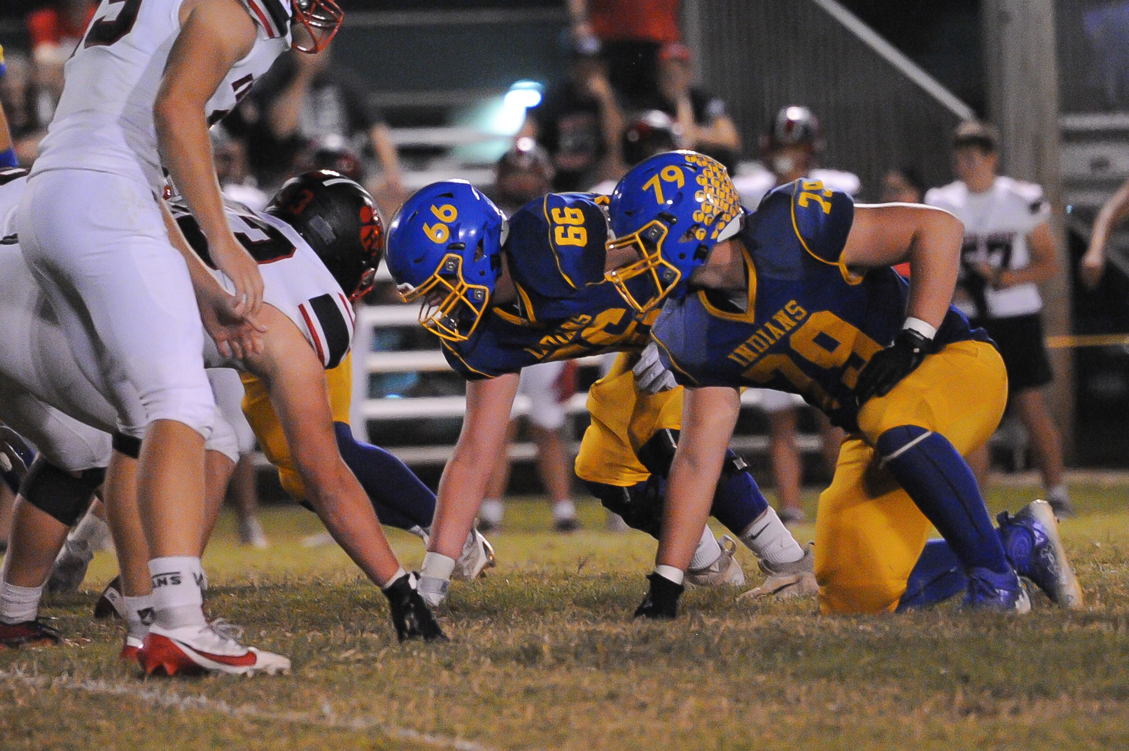 St. Vincent defensive linemen await the snap during a Friday, September 20, 2024 game between the St. Vincent Indians and the Herculaneum Blackcats at St. Vincent High School in Perryville, Mo. St. Vincent defeated Herculaneum, 47-7.