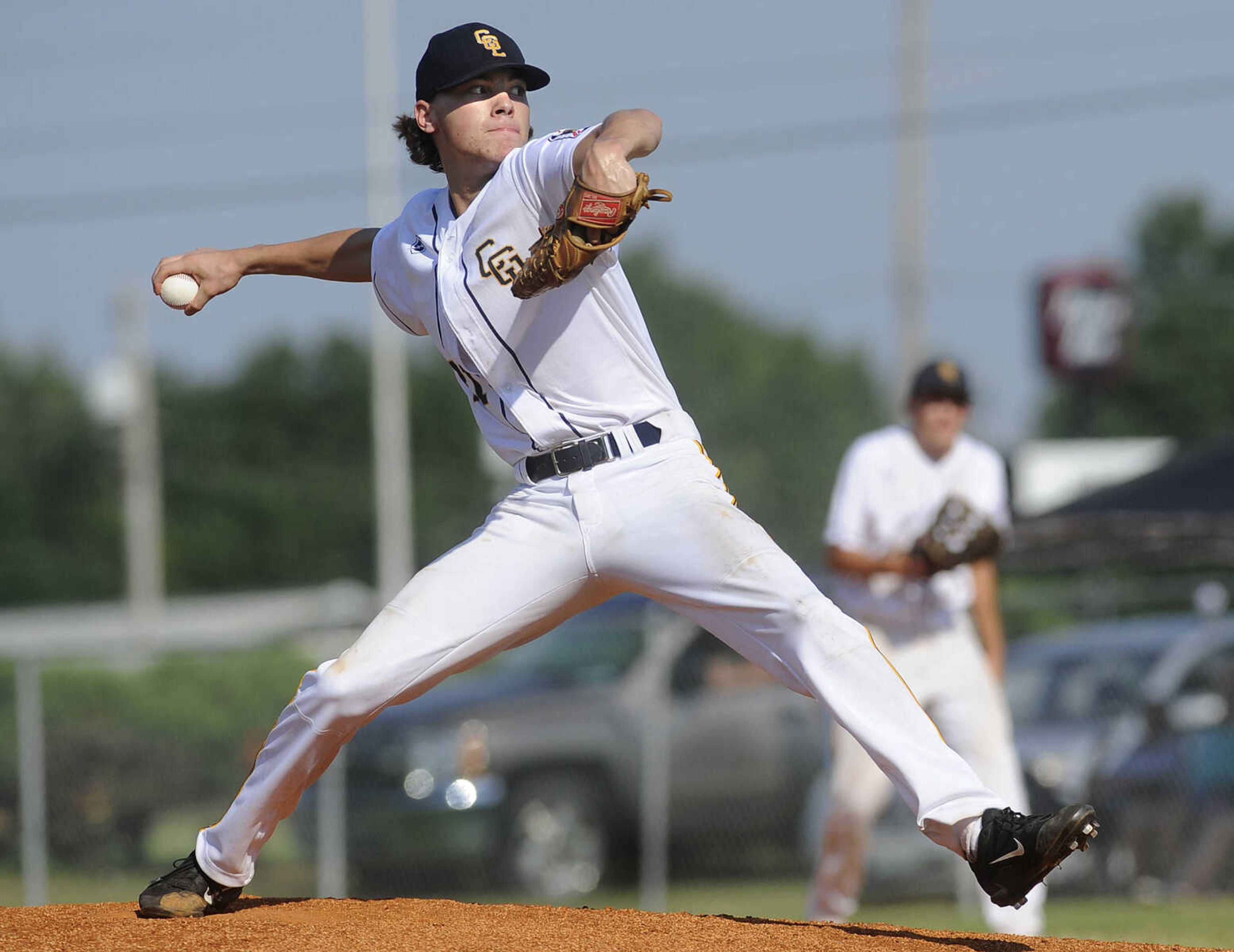 FRED LYNCH ~ flynch@semissourian.com
Cape Girardeau Post 63 starter Reid James pitches to a Perryville batter during the second inning of a quarterfinal in the Senior Legion District Tournament Thursday, July 12, 2018 in Sikeston, Missouri.