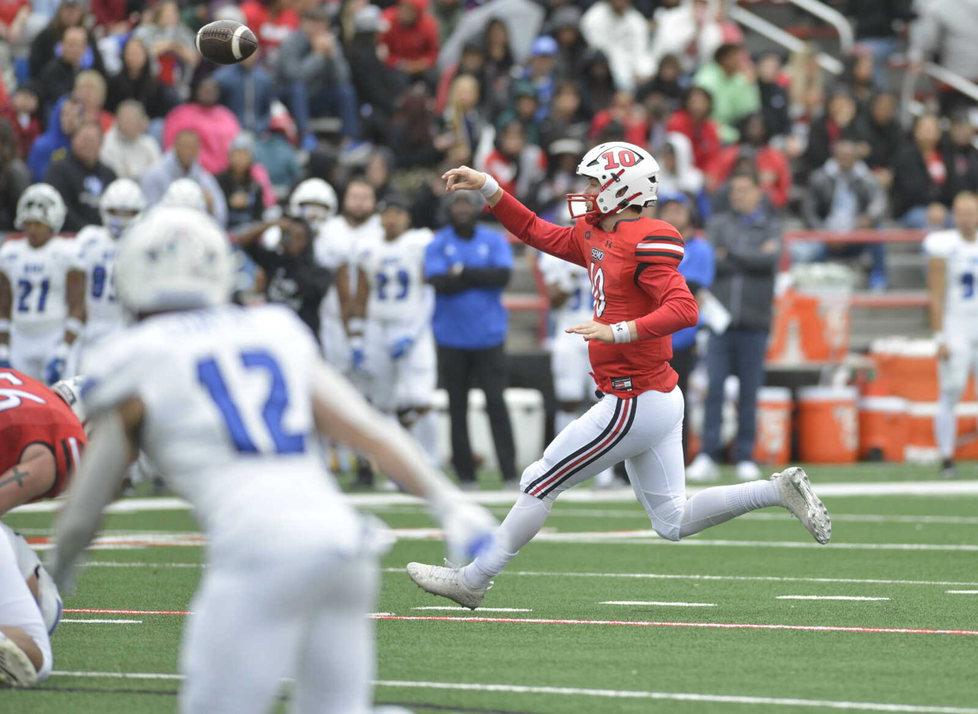 Southeast Missouri State junior quarterback Paxton DeLaurent makes a throw against Eastern Illinois recently at Houck Field.