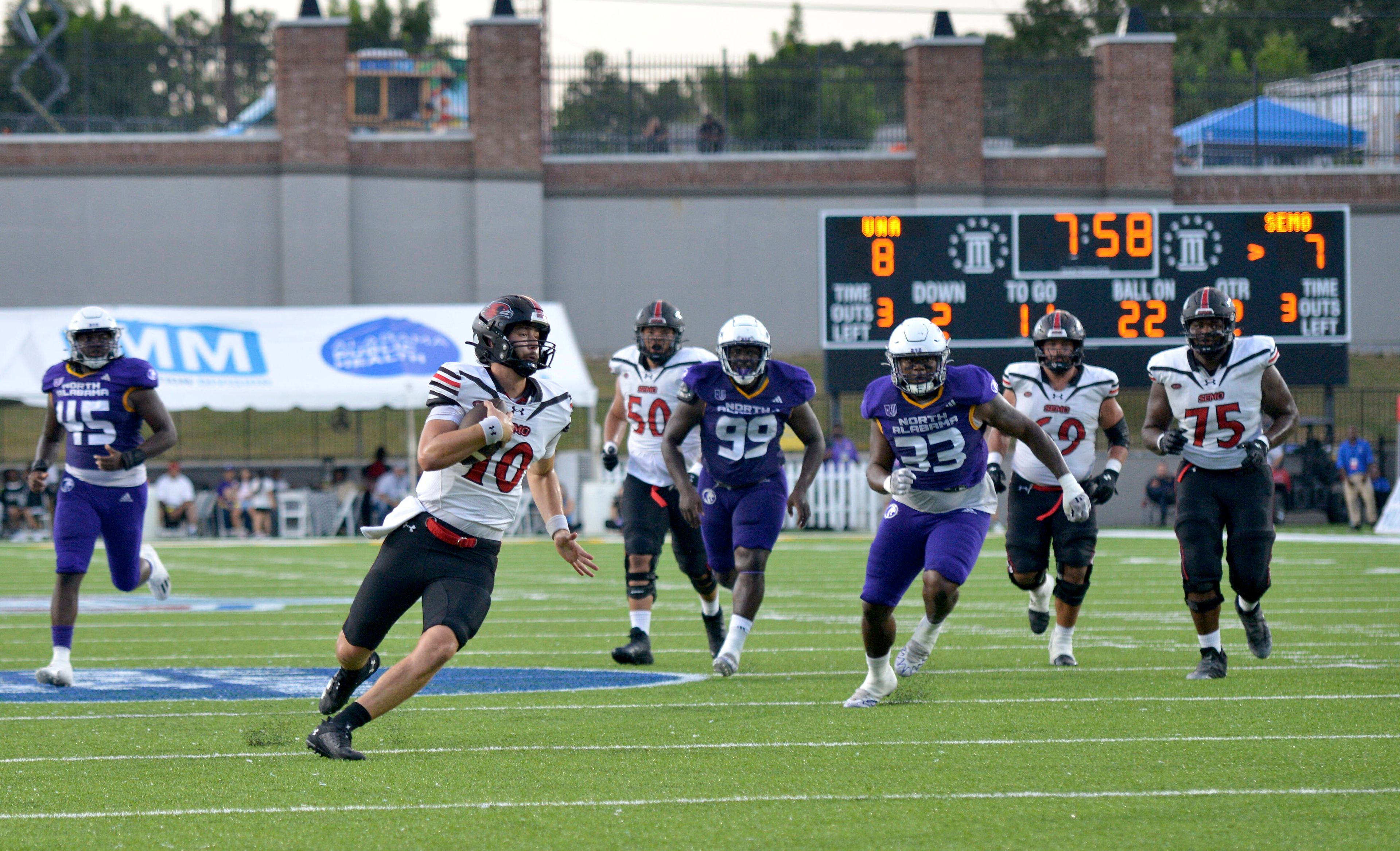 Southeast Missouri State quarterback Paxton DeLaurent scrambles during an FCS Kickoff game against North Alabama on Saturday, August 24, in Montgomery, Alabama. 