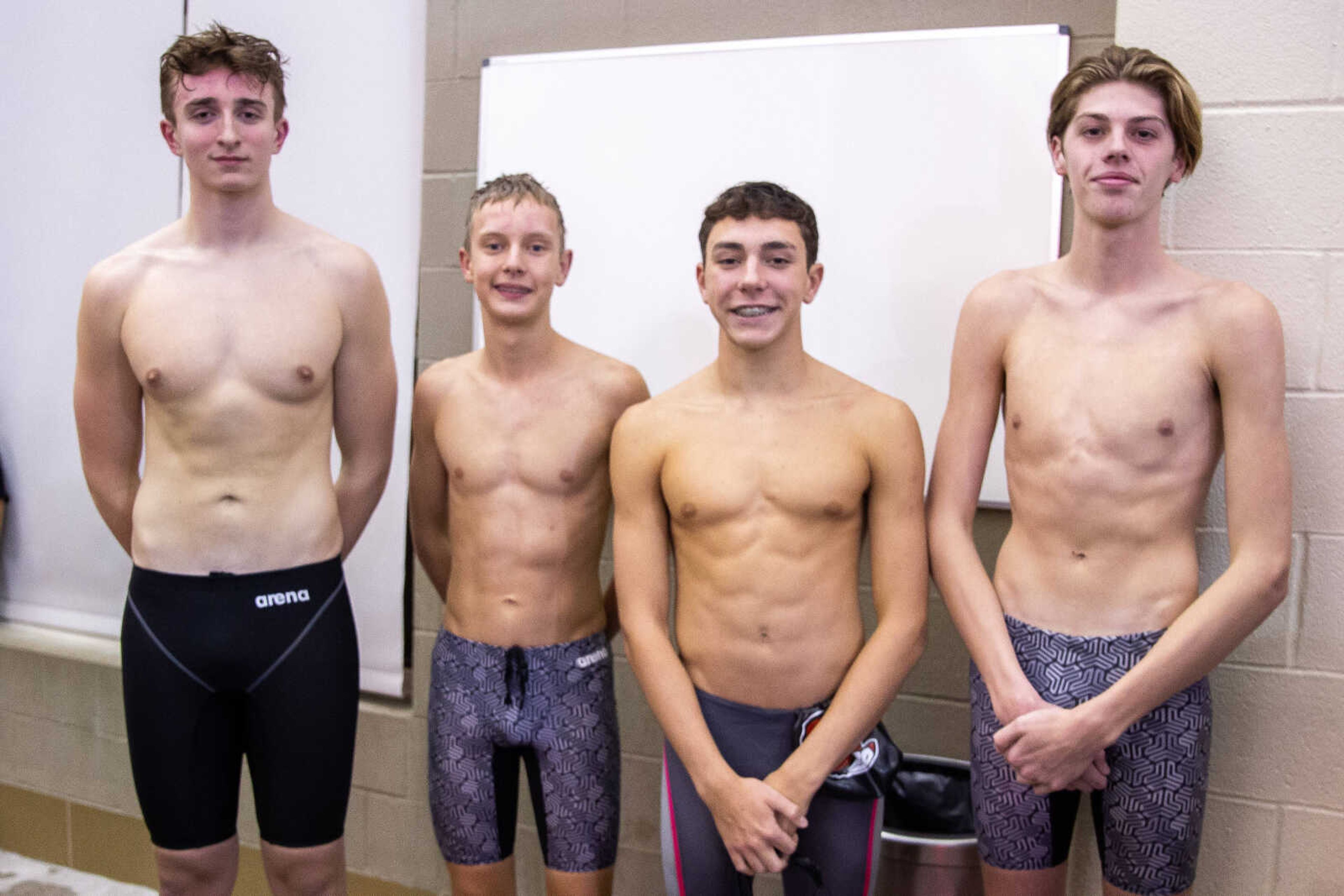 Jackson swimmers Tim DeYong, Jan Handke, Wade Lavalle and Kelton Horrell pose for a photo at the SEMO Conference swim meet. The four swimmers competed in the MSHSAA Class 2 State Championships on Thursday.