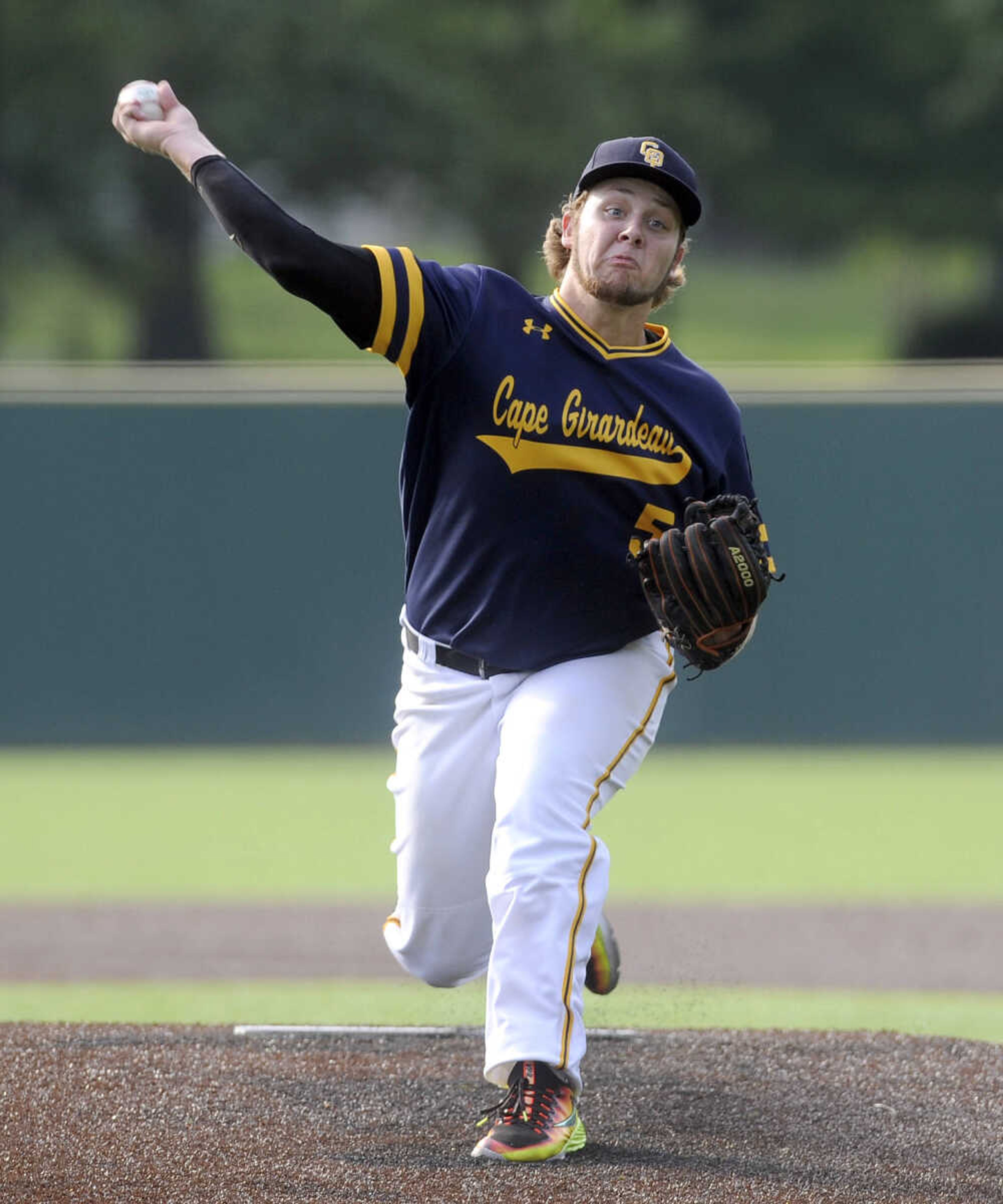 FRED LYNCH ~ flynch@semissourian.com
Cape Girardeau Post 63 starter Trent Unterreiner pitches to a Sikeston batter during the first inning of the first game Wednesday, June 20, 2018 at Capaha Field.