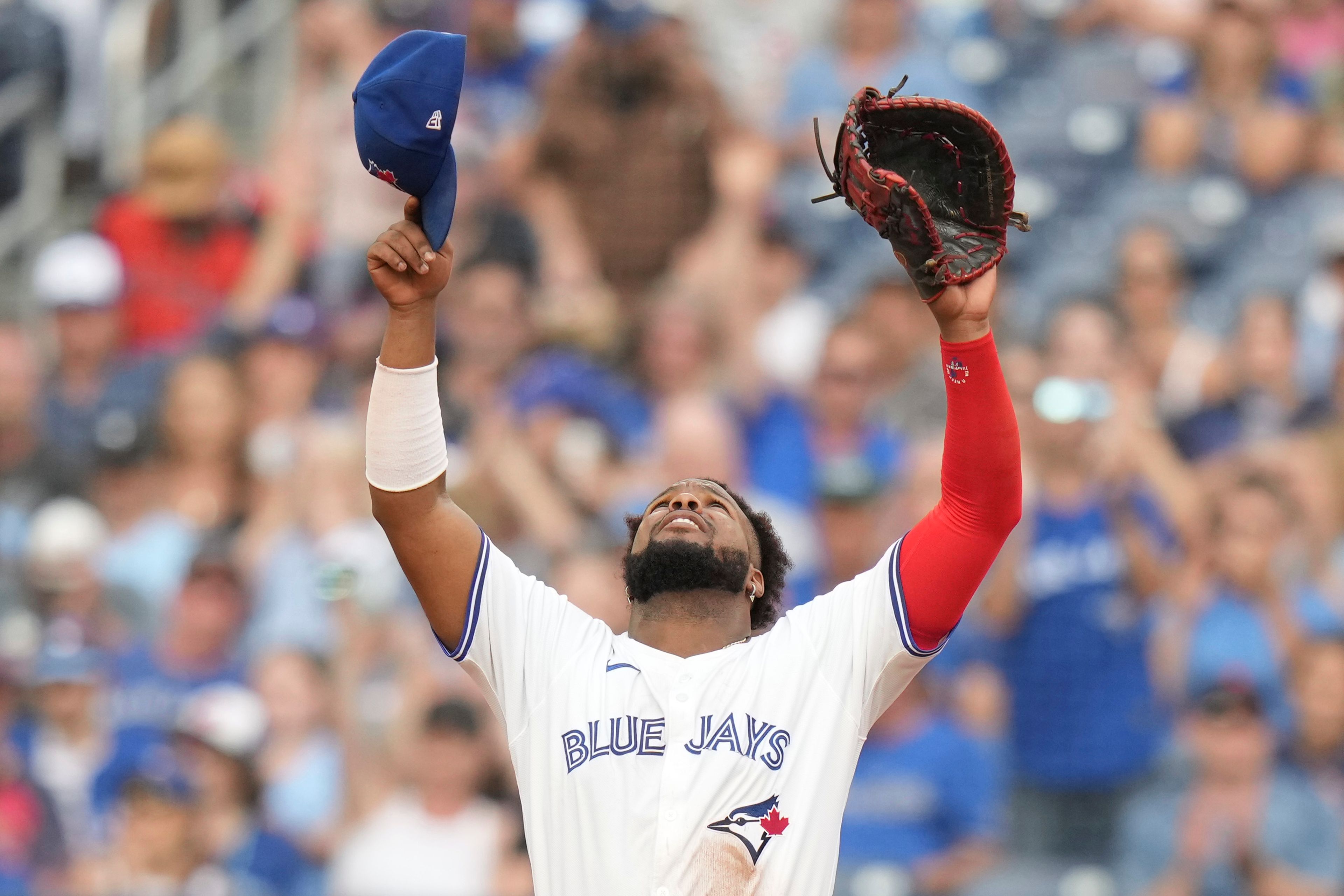 Toronto Blue Jays first baseman Vladimir Guerrero Jr. reacts after defeating the St. Louis Cardinals in interleague MLB baseball action in Toronto, Saturday, September 14, 2024. (Chris Young/The Canadian Press via AP)