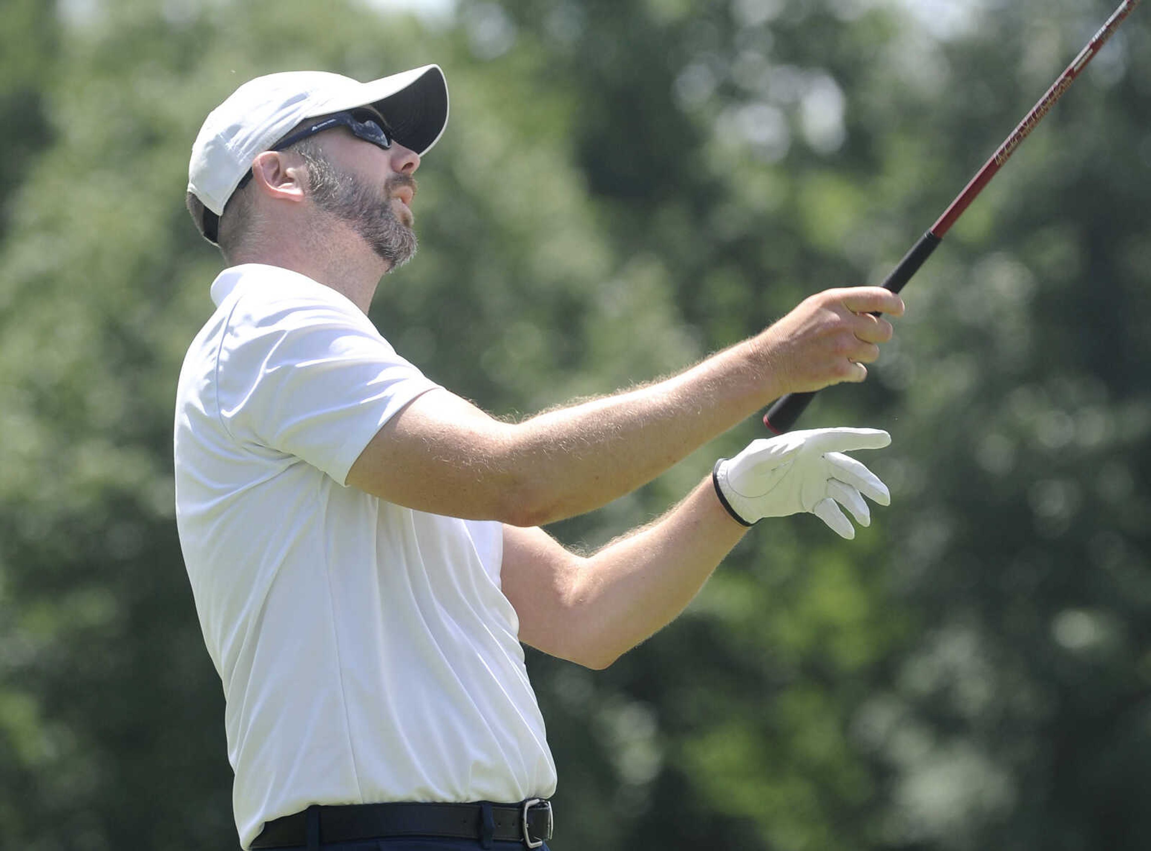 FRED LYNCH ~ flynch@semissourian.com
Jason Cahill of Jackson looks to steer his shot off the first tee box Tuesday, June 19, 2018 during the Missouri Amateur Championship at Dalhousie Golf Club.