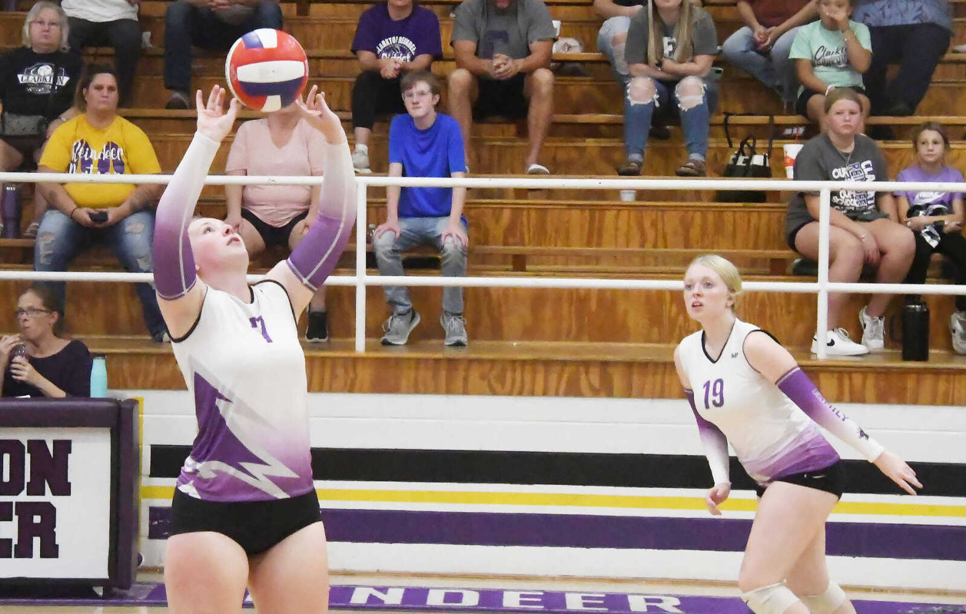 Clarkton High School junior setter Brinley Cowart (7) prepares to set the ball for teammate Kaylee Youngblood during a regular-season match versus North Pemiscot from September. The Missouri High School Volleyball Coaches Association recently named Cowart a Class 1 all-state selection. She has racked up 2,811 assists through her first three years of high school.