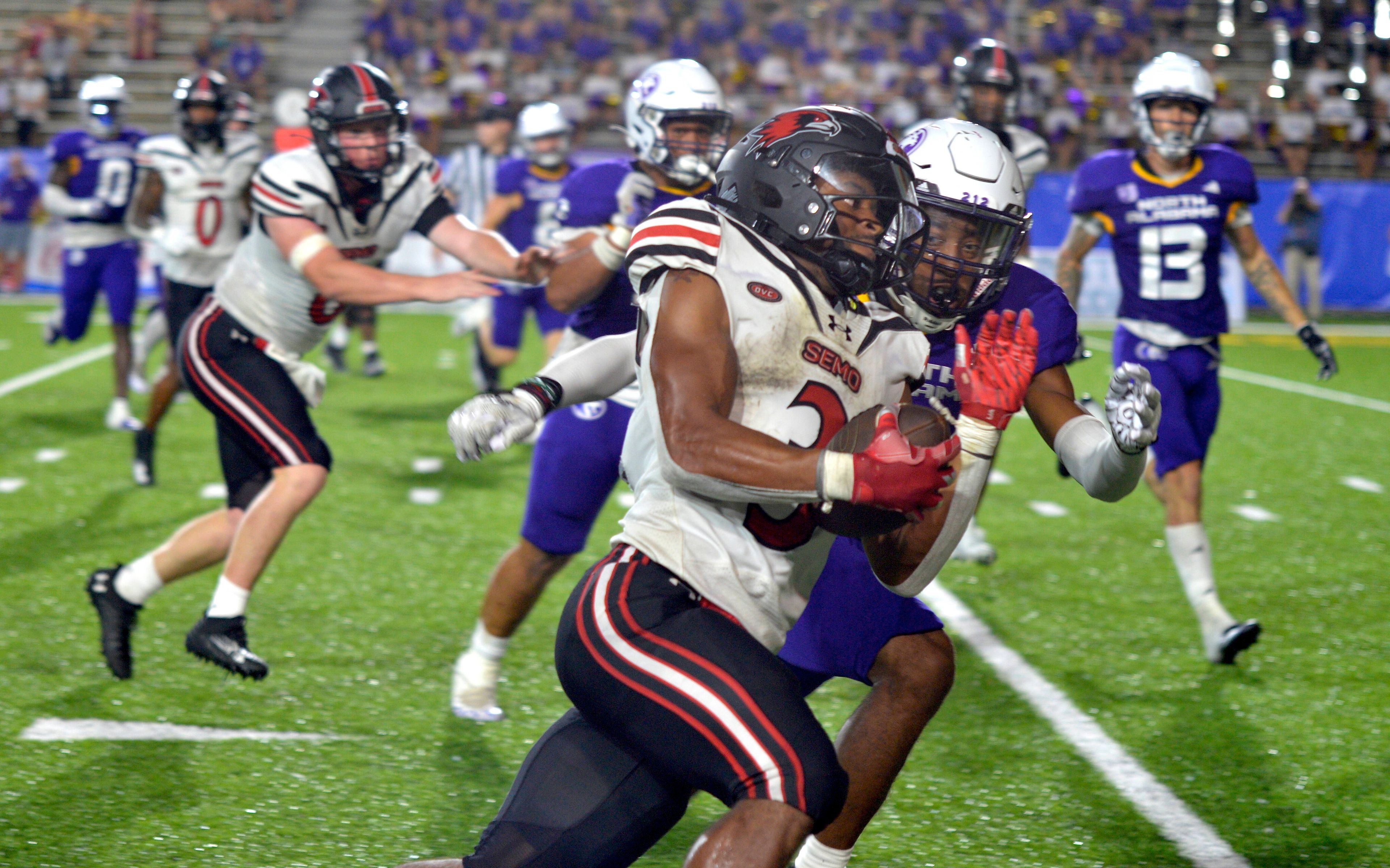 Southeast Missouri State running back Brandon Epton Jr. carries the ball during an FCS Kickoff game against North Alabama on Saturday, August 24, in Montgomery, Alabama. 