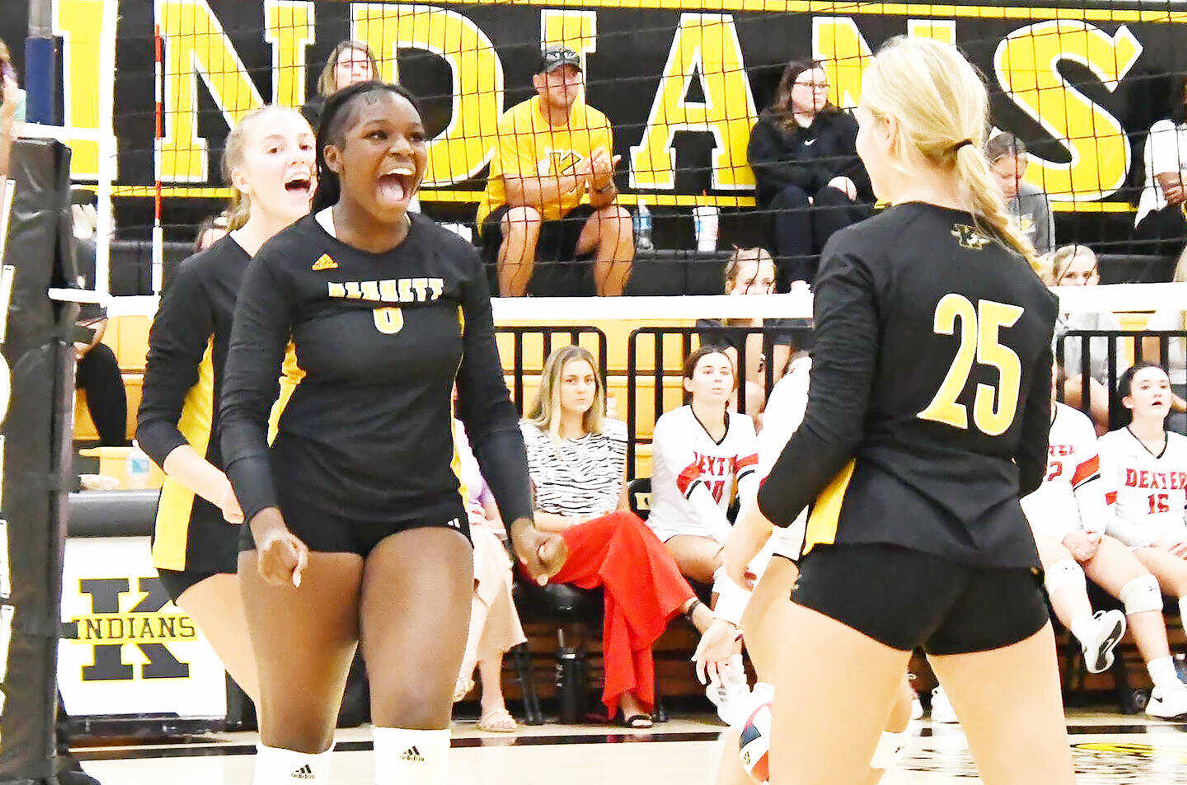 Kennett’s Tayja Carter reacts after the Indians win during a SEMO Conference match versus Saxony Lutheran dated Monday, Oct. 9, 2023. Carter was a first-team SEMO Conference selection.