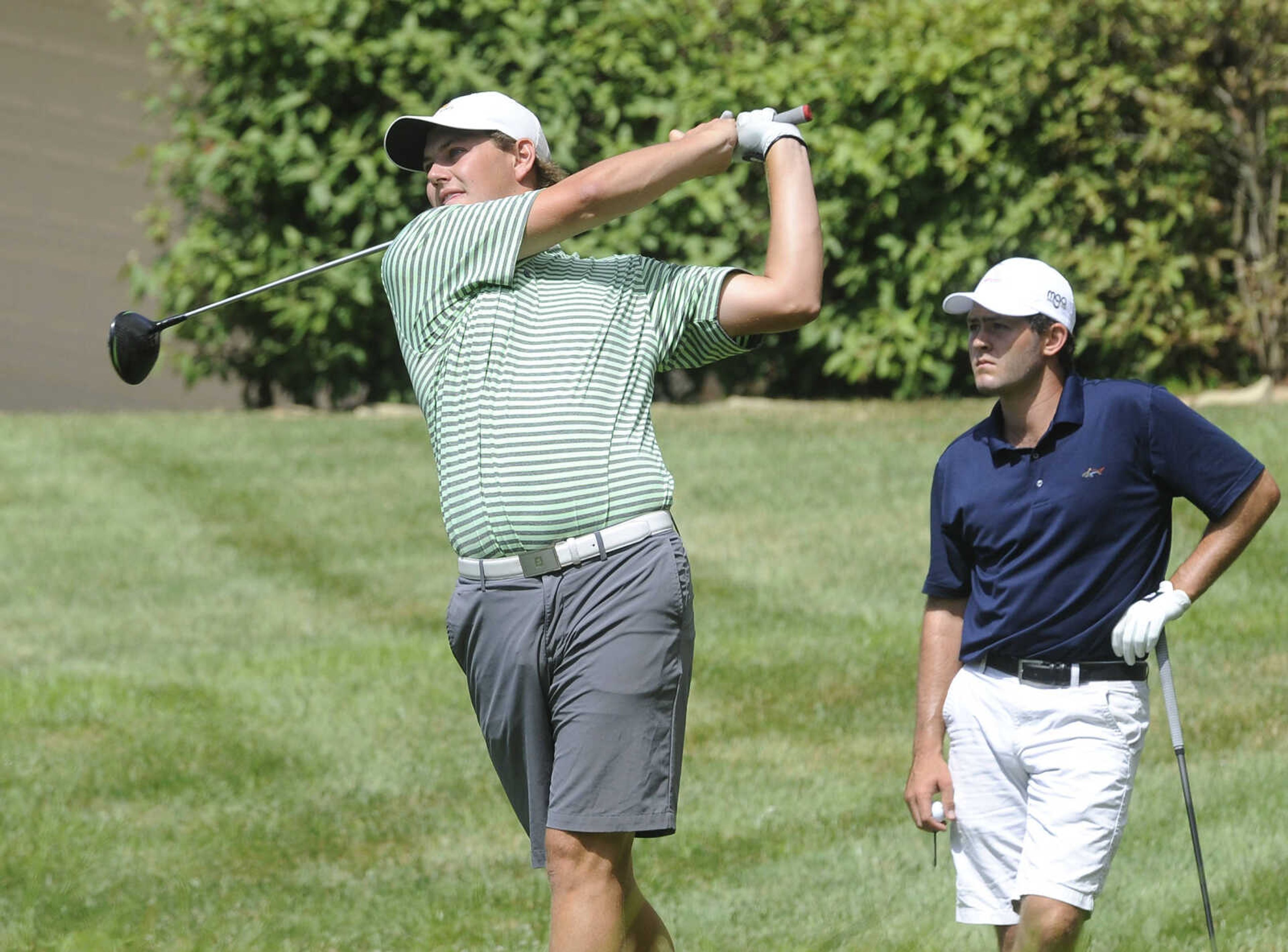 FRED LYNCH ~ flynch@semissourian.com
Gabe Wheeler of Sikeston, Missouri hits a drive on the third hole as Joseph Williams of St. Louis watches Friday, June 22, 2018 during the Round of 32 in the Missouri Amateur Championship at Dalhousie Golf Club.