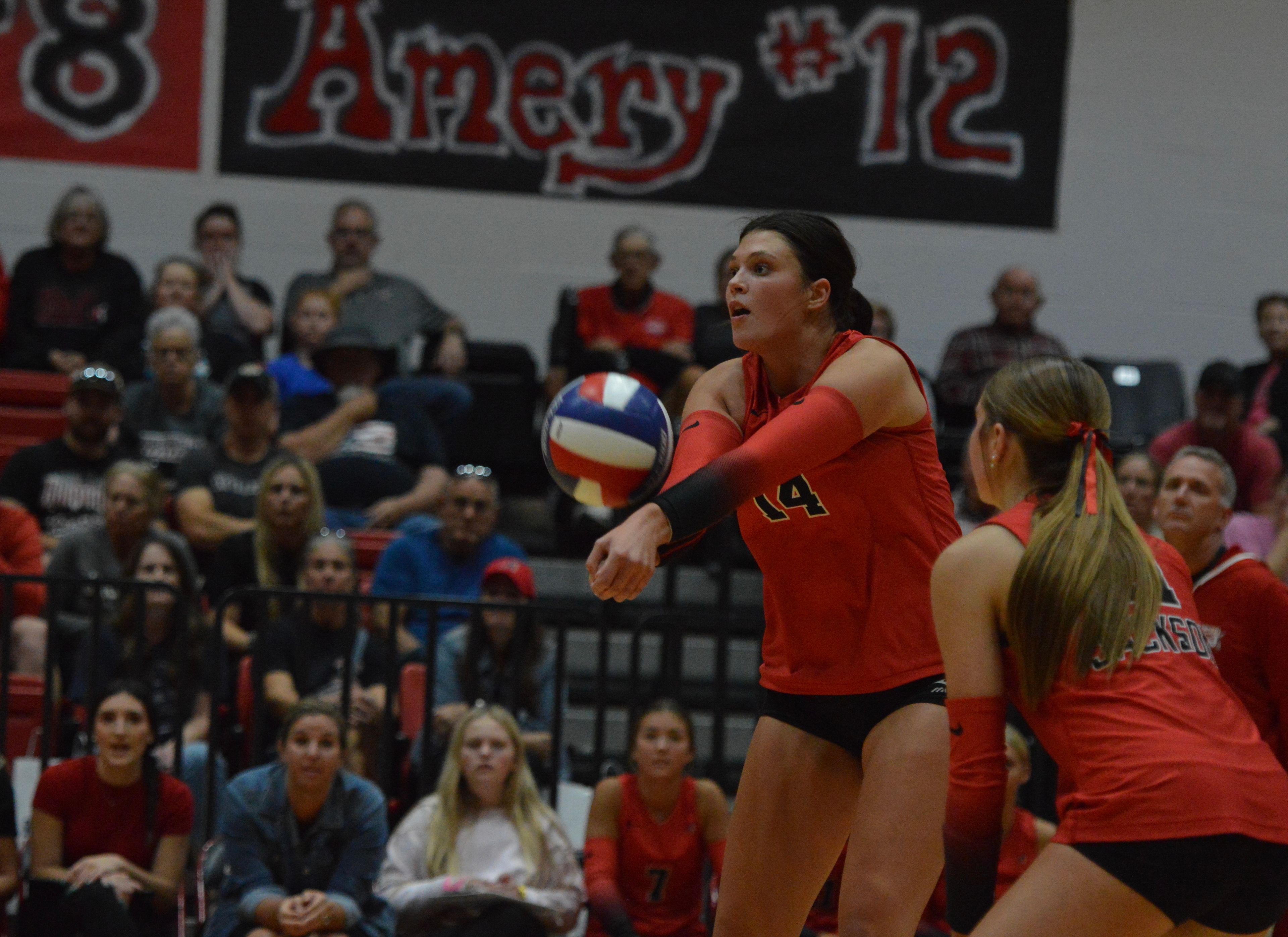 Jackson volleyball senior and SEMO commit Katy St. John digs the ball against Incarnate Word Academy on Monday, Sept. 6 at Jackson High School.