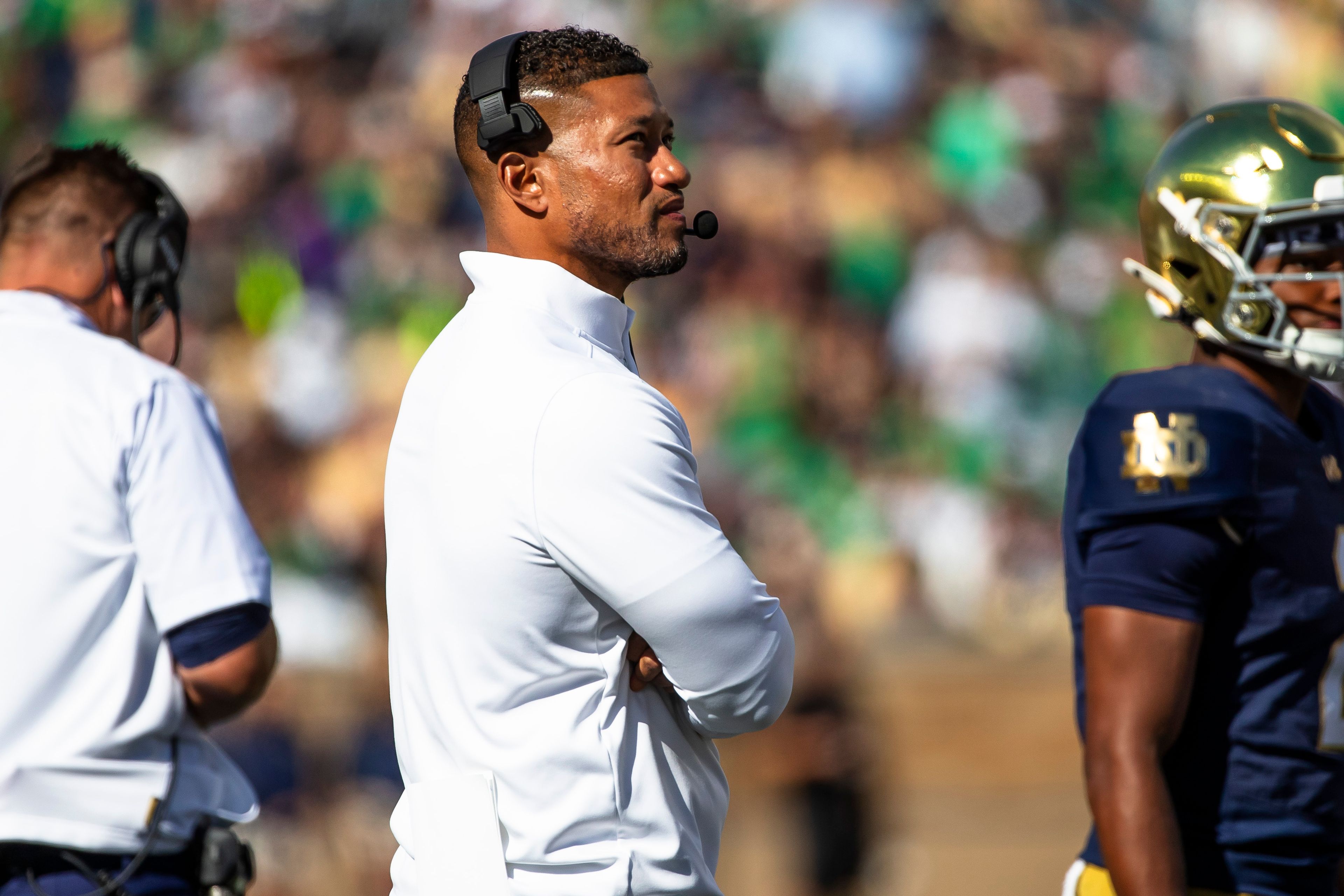 Notre Dame head coach Marcus Freeman looks to the scoreboard during an NCAA college football game against Northern Illinois, Saturday, Sept. 7, 2024, in South Bend, Ind. (AP Photo/Michael Caterina)