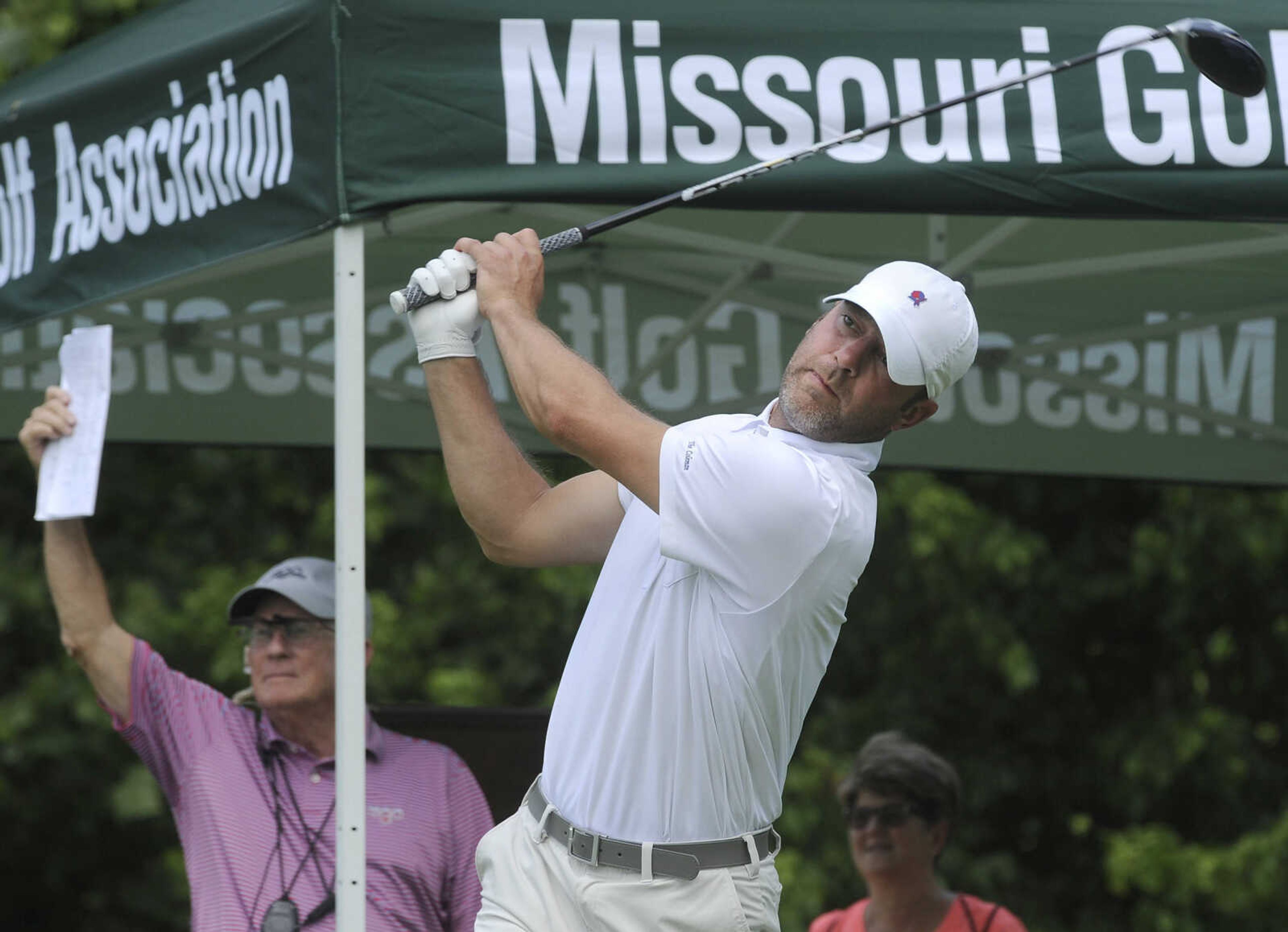 FRED LYNCH ~ flynch@semissourian.com
Defending champion Brad Nurski of St. Joseph, Missouri drives from the 10th tee box Tuesday, June 19, 2018 during the Missouri Amateur Championship at Dalhousie Golf Club.