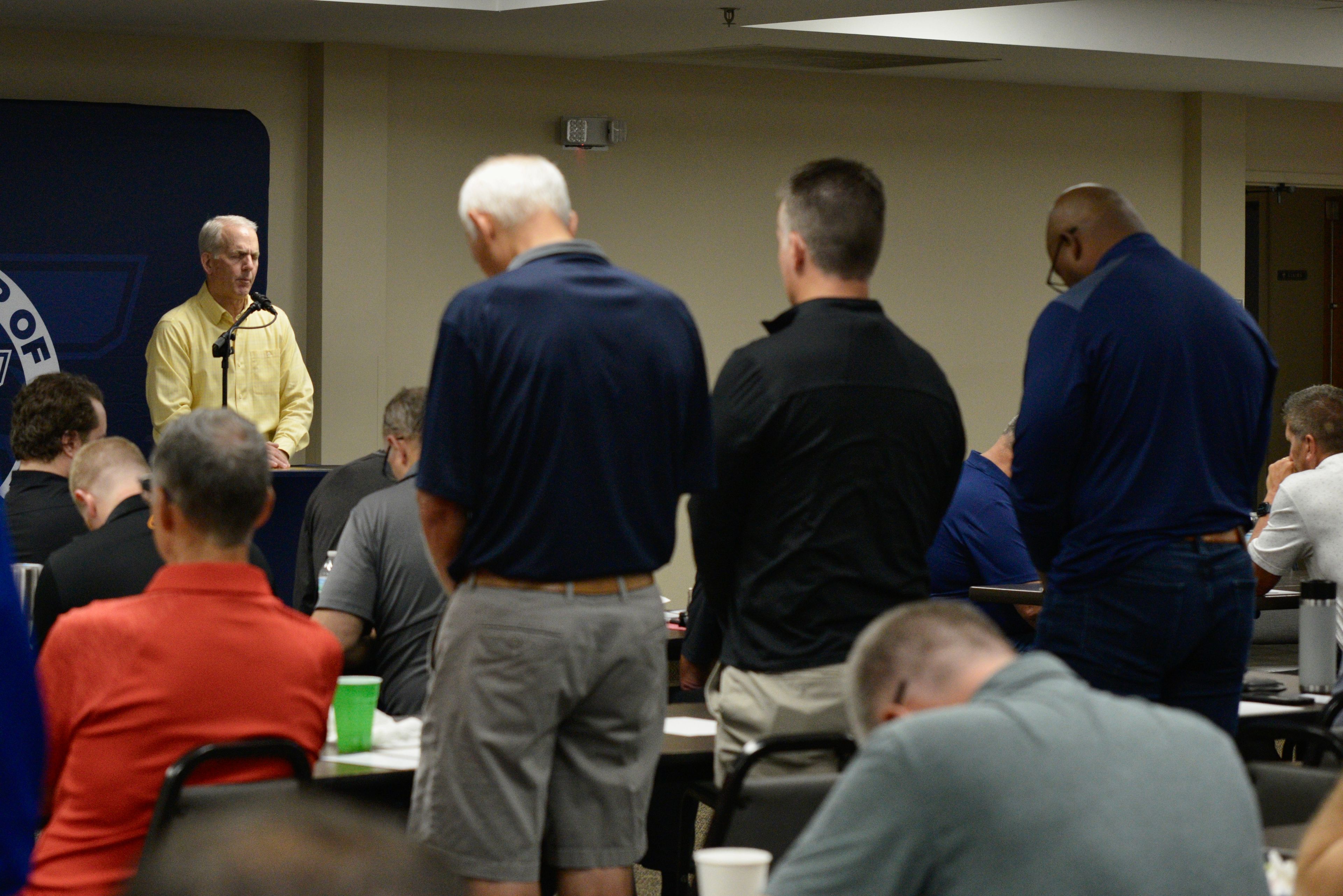 Mark Anderson, senior pastor at Lynwood Baptist Church, led a group prayer during the FCA Prayer Breakfast on Wednesday, Aug. 28, in Lynwood Baptist Church in Cape Girardeau.