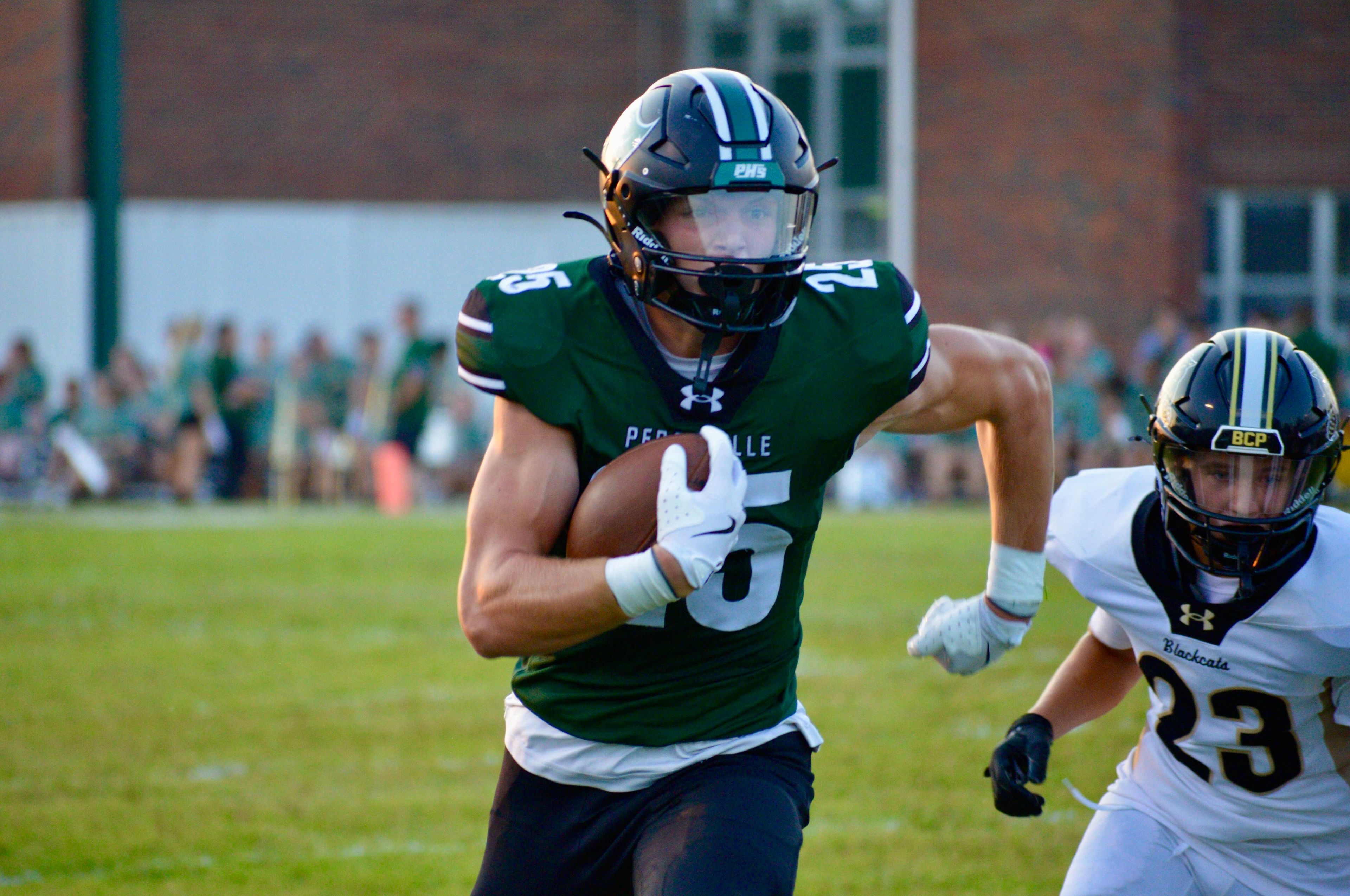 Perryville running back Drew Lueckel carries the ball during a touchdown run against Fredericktown on Thursday, Aug. 29, in Perryville, Mo. 