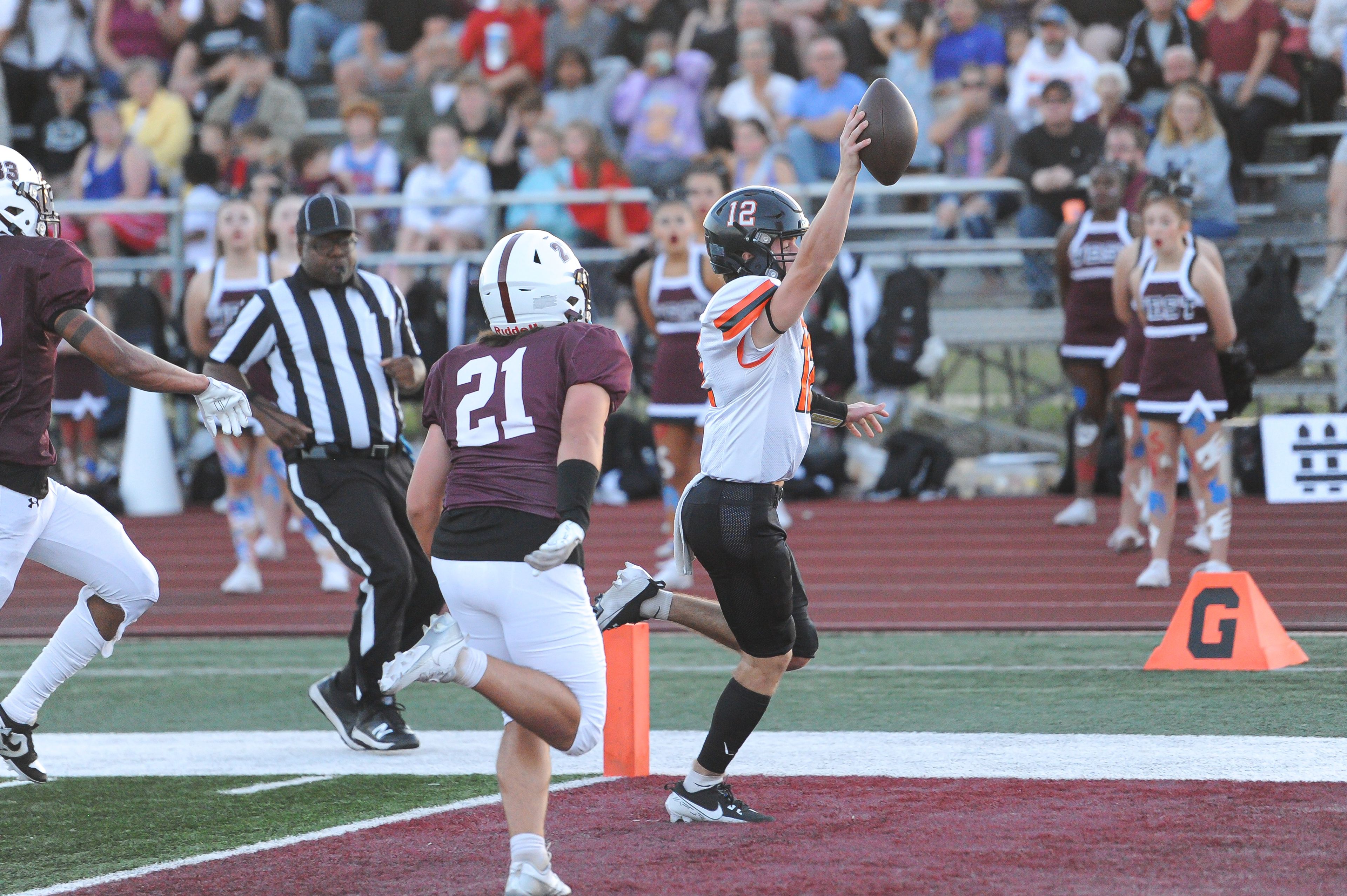 Cape Central's Deklin Pittman celebrates a touchdown during a Friday, September 6, 2024 game between the St. Charles West Warriors and the Cape Central Tigers at St. Charles West High School in St. Charles, Mo. Cape Central defeated St. Charles West, 35-0.