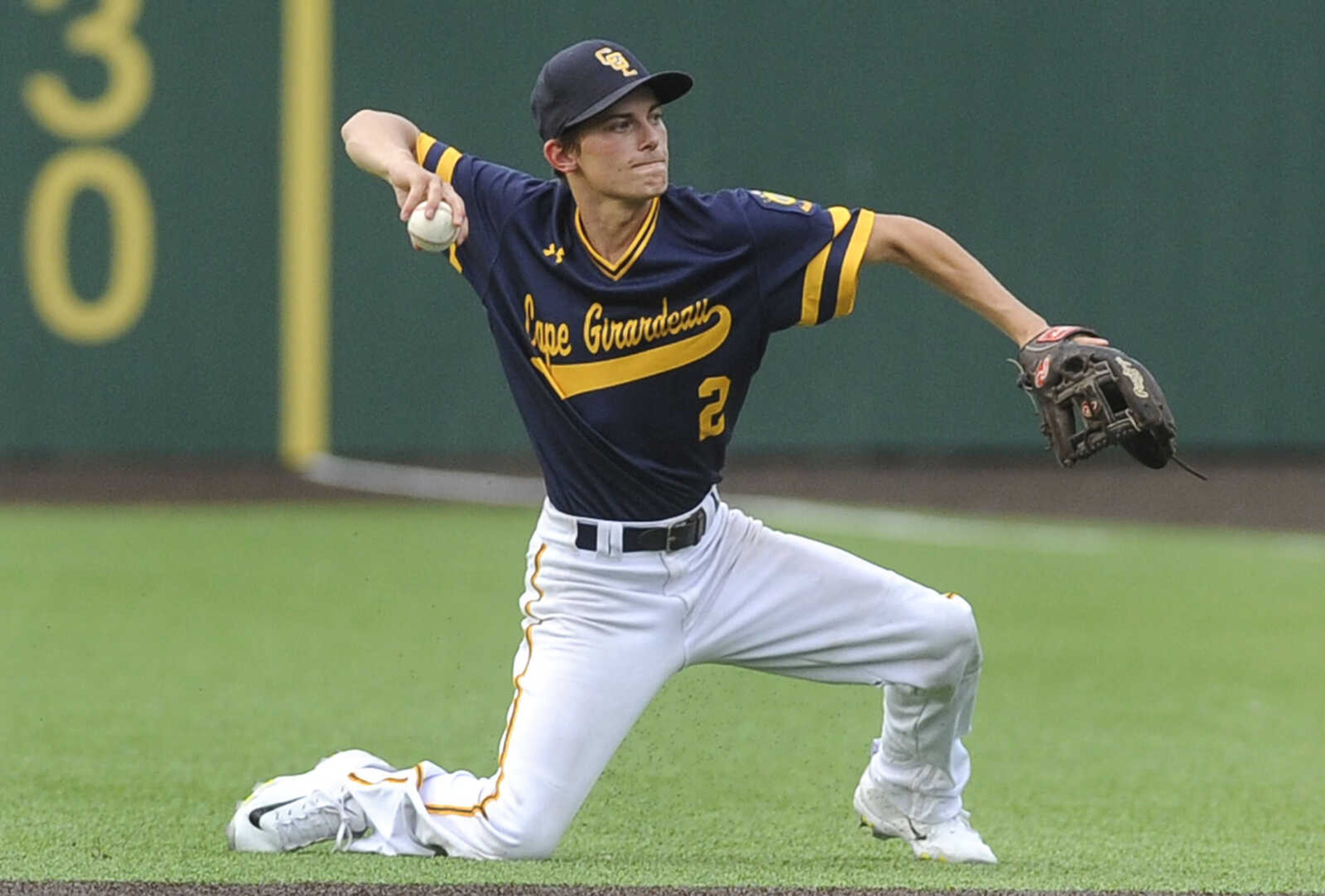 FRED LYNCH ~ flynch@semissourian.com
Cape Girardeau Post 63 second baseman Brenden Wilkens fields a Sikeston ground ball during the third inning of the first game Wednesday, June 20, 2018 at Capaha Field.