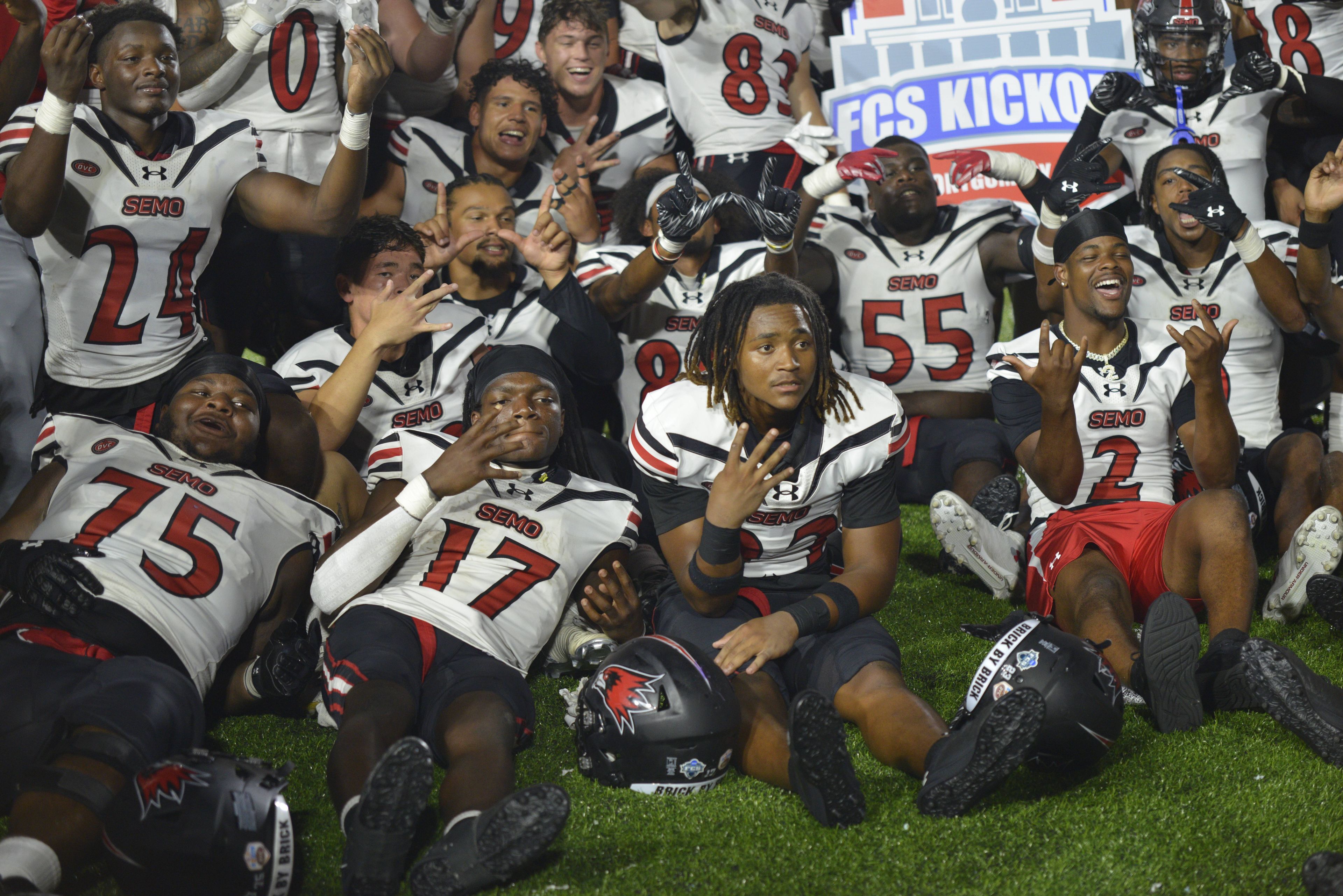 Southeast Missouri State players celebrate winning the FCS Kickoff against North Alabama on Saturday, Aug. 24, in Montgomery, Alabama.